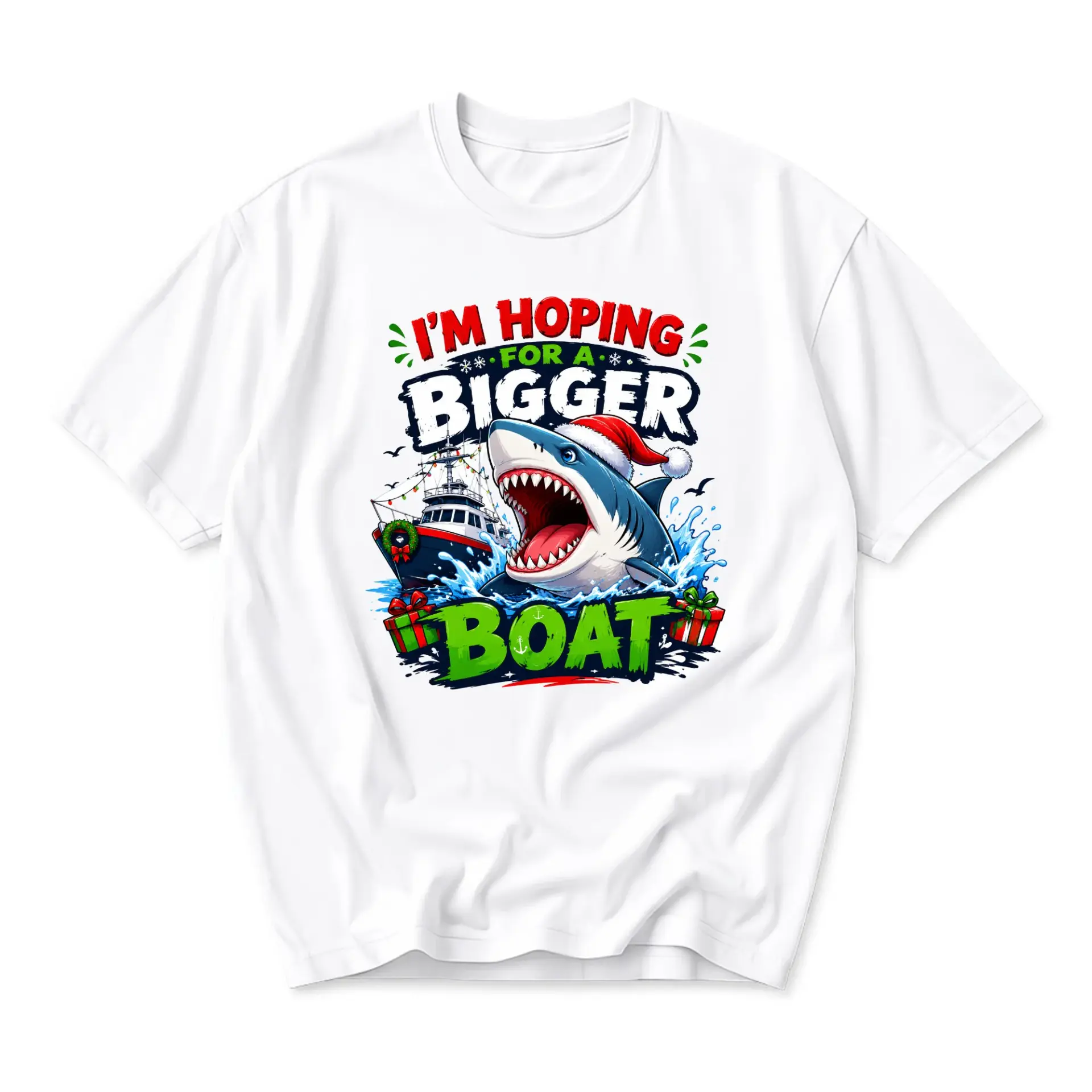 Funny Shirt I'm Hoping for a Bigger Boat Shark Christmas Graphic Tee Unisex
