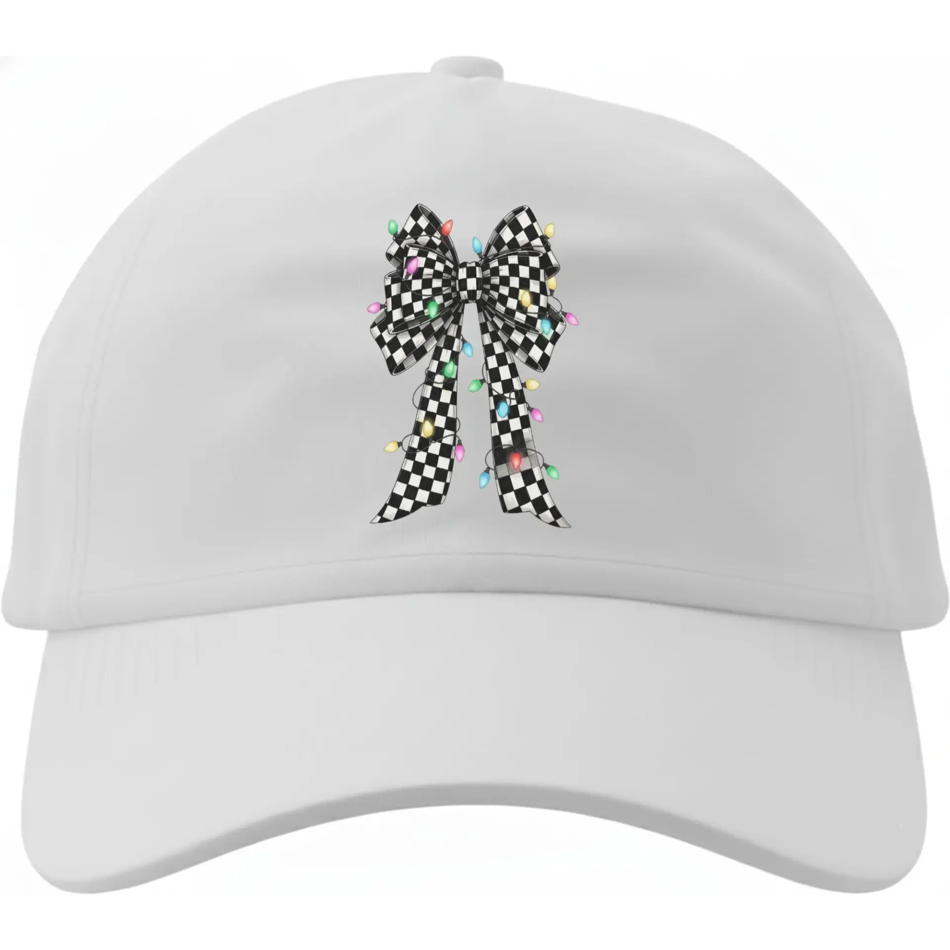 Baseball Cap Featuring a Checkerboard Pattern Bow Graphic with Colorful String Lights for Casual and Stylish Daily Wear