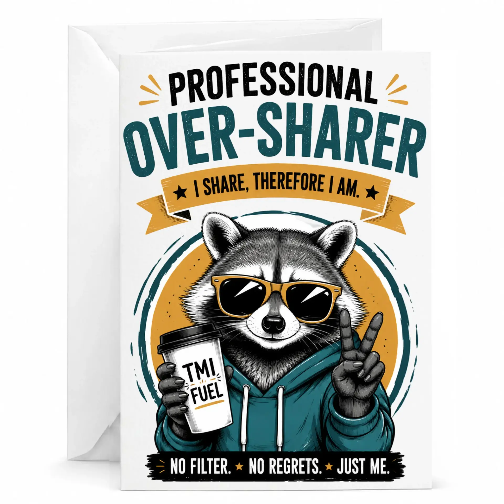 Funny Greeting Card Professional Over-Sharer Raccoon Design with Tmi Fuel Cup for Friends and Coworkers