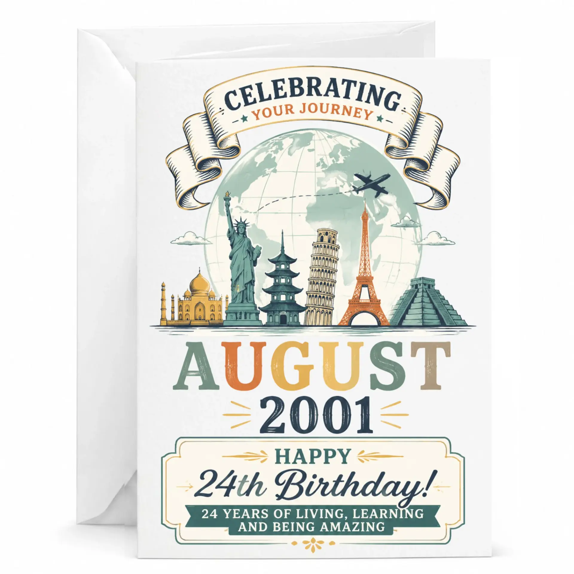 Birthday Card Celebrating Your Journey August 2001 24th Birthday Travel Theme Keepsake Greeting Card