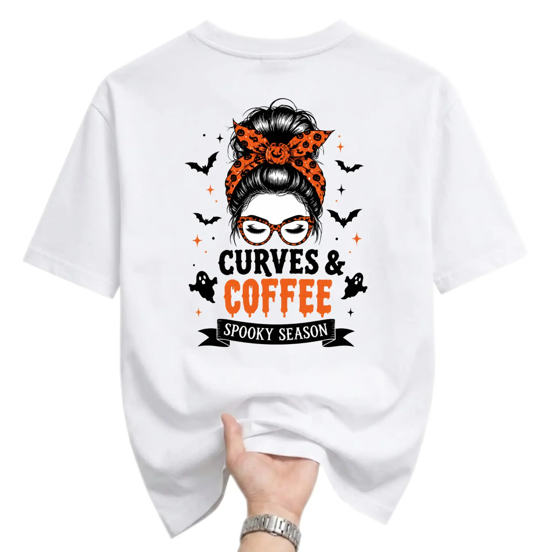 Graphic Tee Curves and Coffee Spooky Season Unisex T-Shirt Halloween Inspired Casual Cotton Blend Crew Neck Shirt