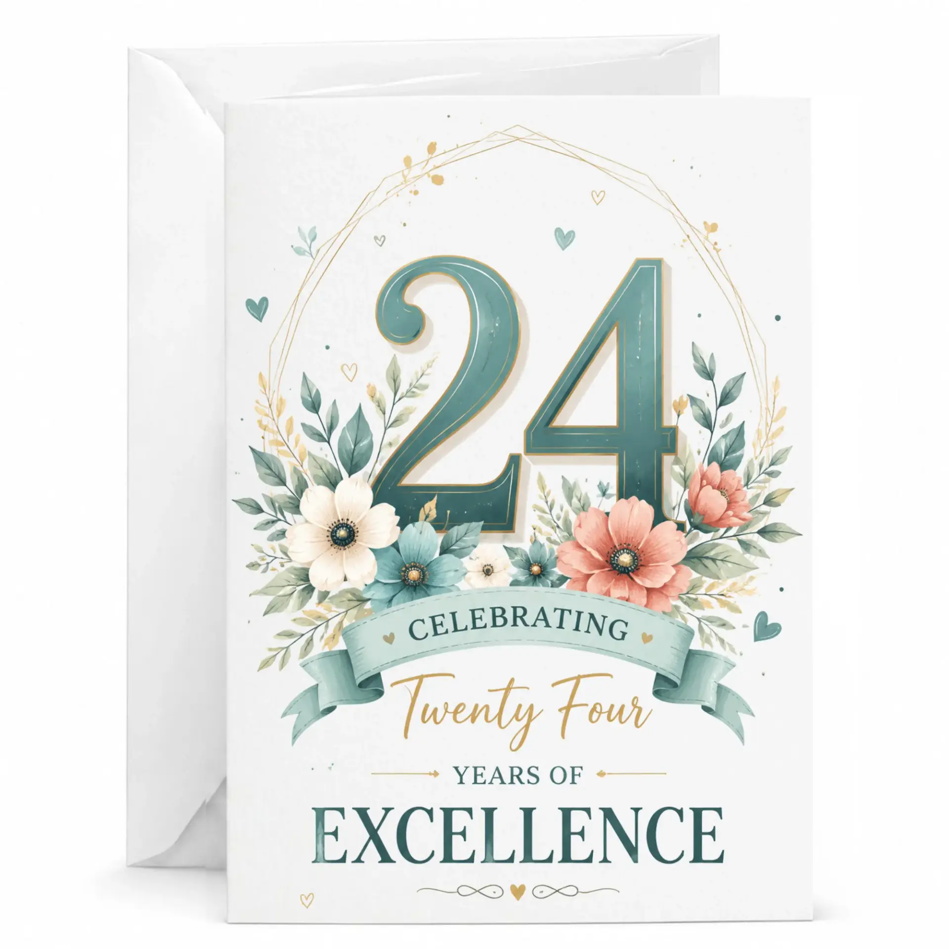 Greeting Card for 24th Anniversary Celebrating Twenty Four Years of Excellence Floral Design with Matching White Envelope