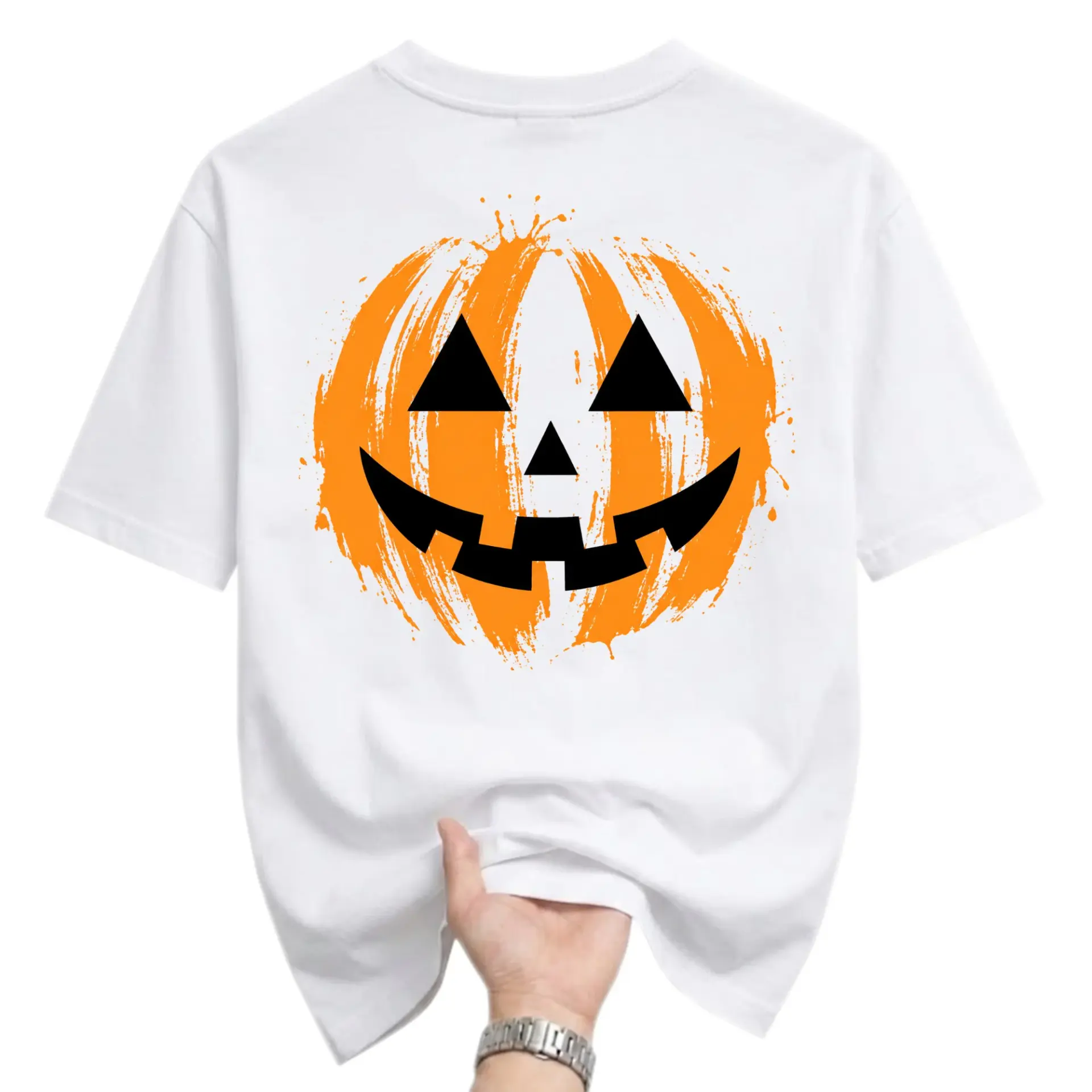 Graphic Tee Pumpkin Face Print Unisex Shirt Short Sleeve Casual Fall Apparel for Men and Women White Crew Neck Top