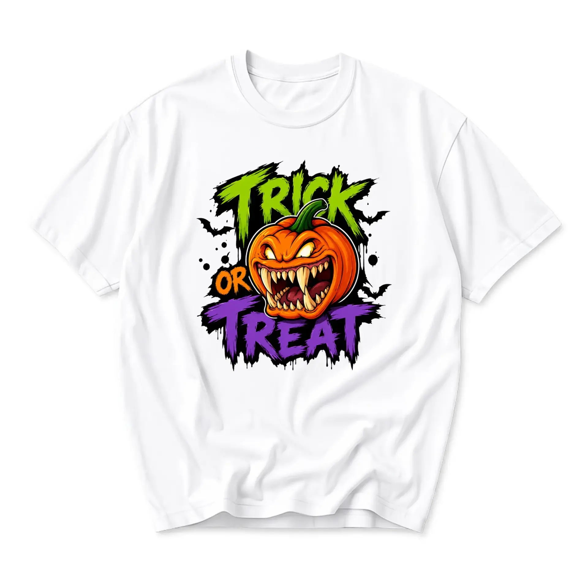 Funny Shirt Trick or Treat Spooky Pumpkin Graphic Printed Unisex Crew Neck Short Sleeve Casual Cotton Tee Top