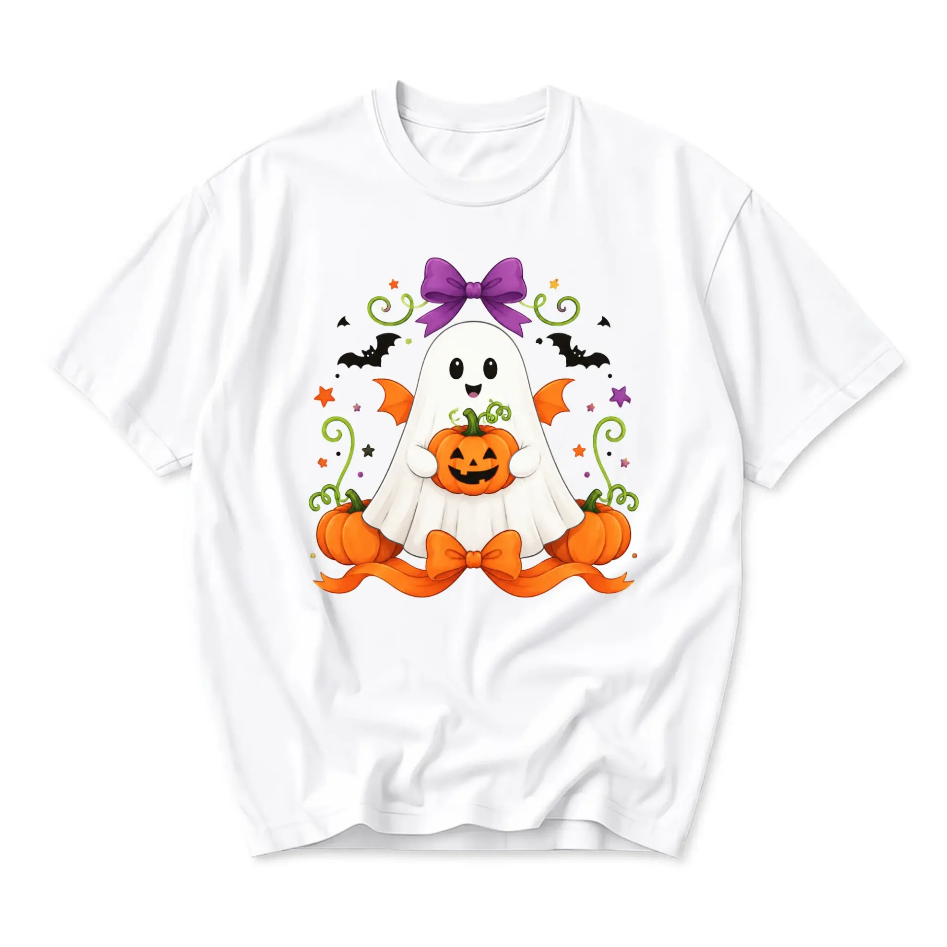 Graphic Tee Cute Ghost Holding Pumpkin Design Unisex Short Sleeve Crew Neck Cotton Casual Everyday Apparel White Shirt