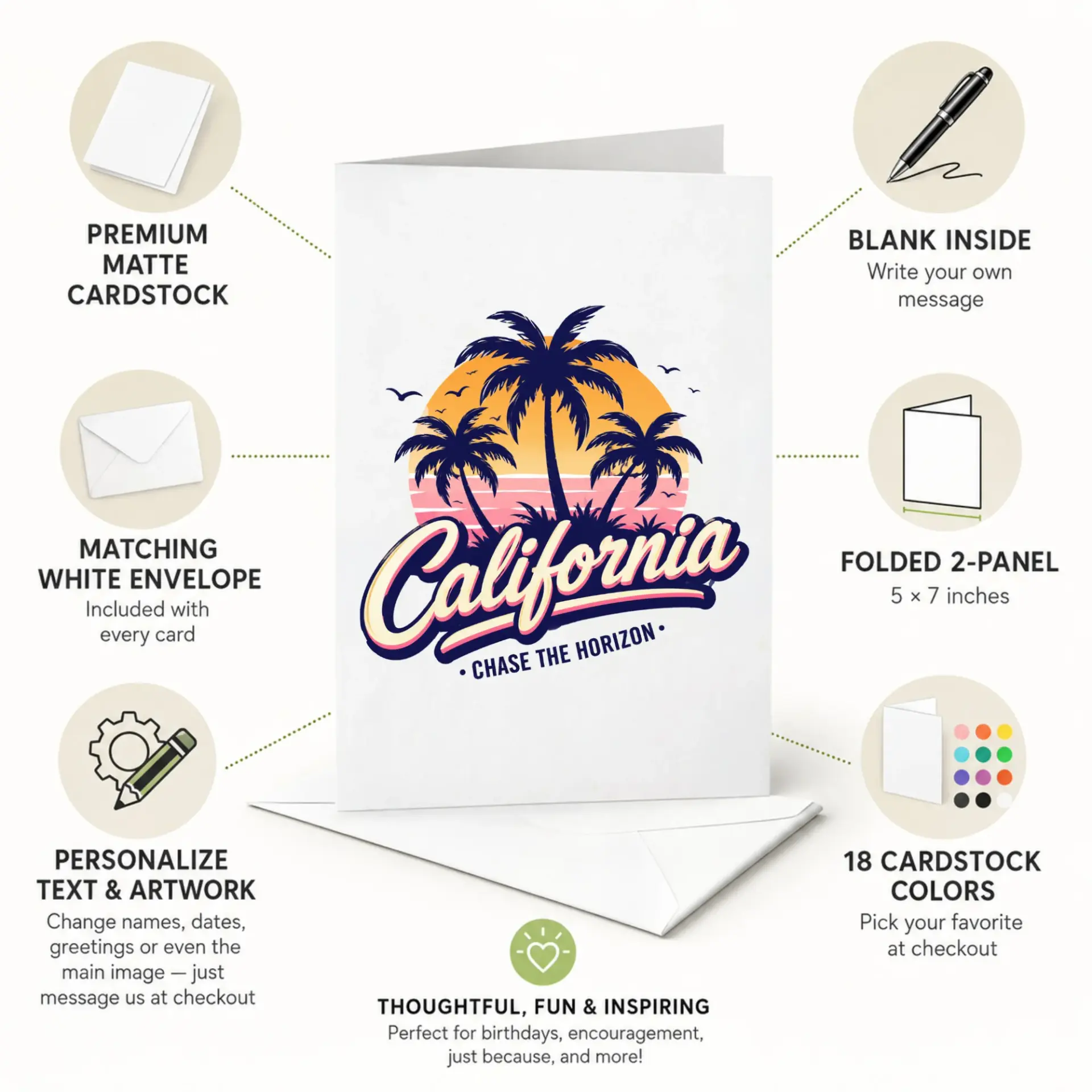 California Chase the Horizon Greeting Card Coastal Palm Trees Summer Sunset Note Card for Travel Lovers and Vacationers