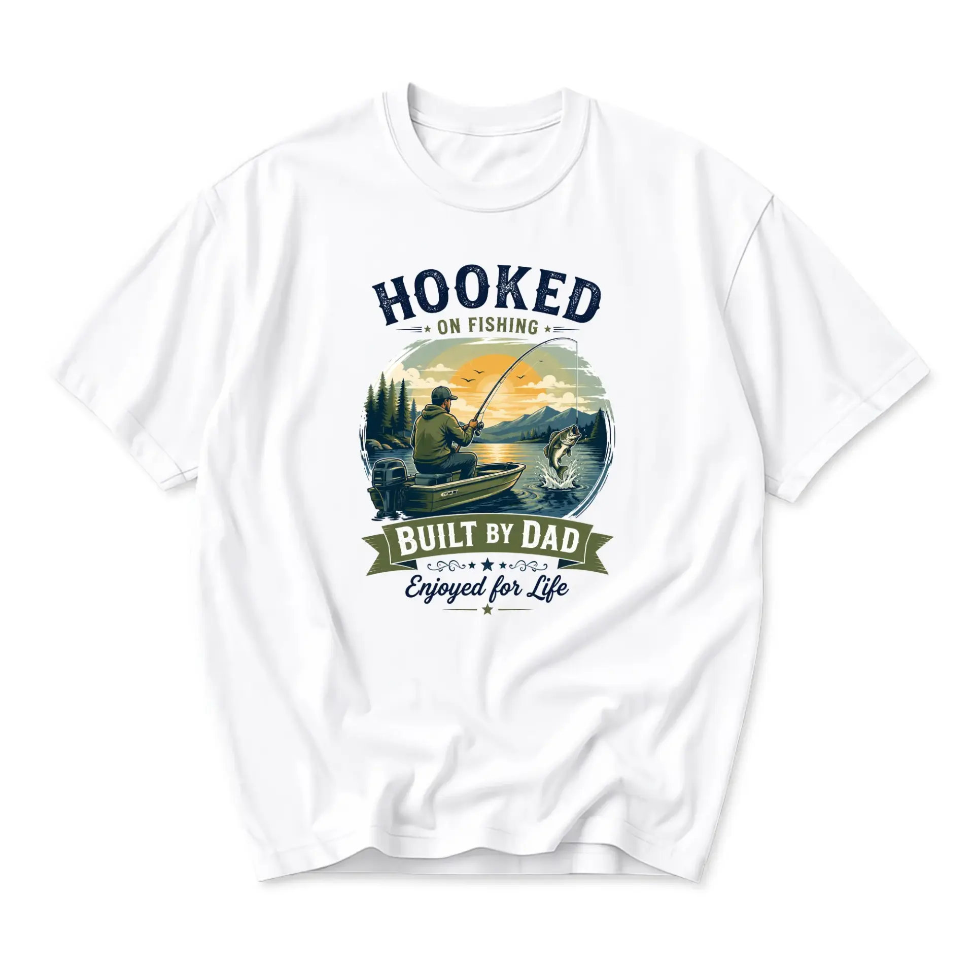 Graphic Tee on Fishing Built by Dad Outdoors Adventure Unisex Crew Neck Short Sleeve Casual Cotton Shirt