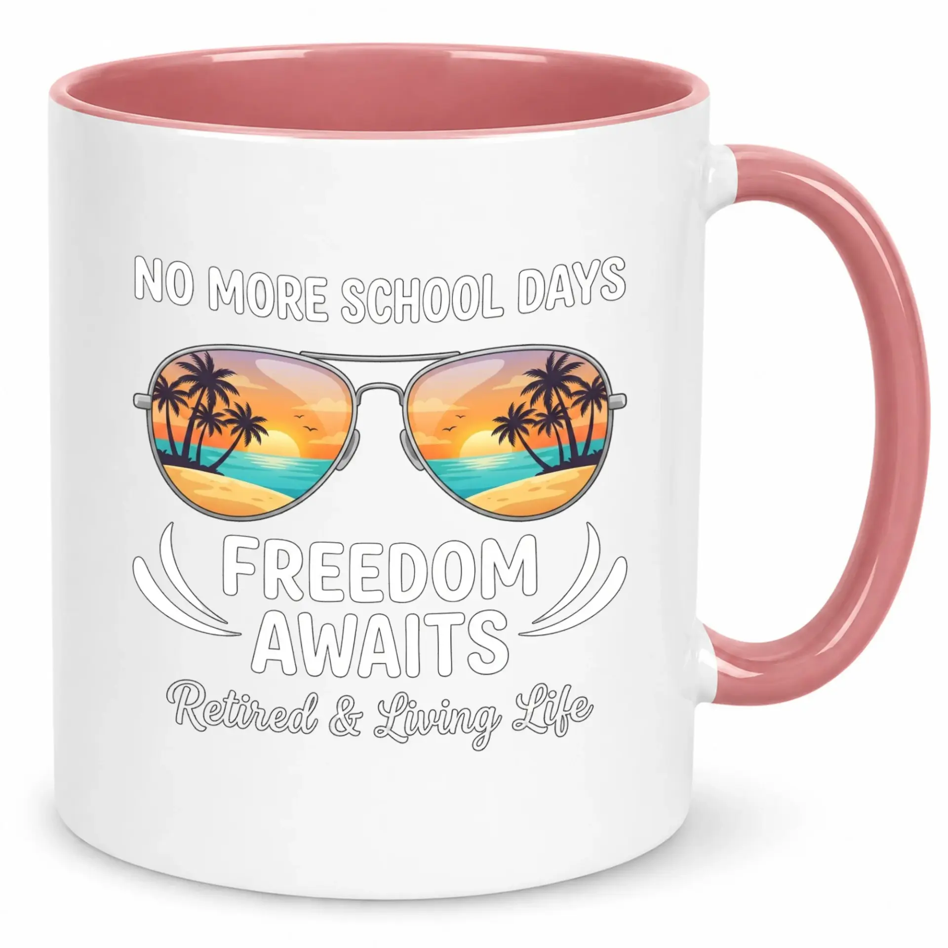 Funny Retirement Coffee Mug with Beach Sunglasses Design, Freedom Awaits Ceramic Cup for Retired Teachers, Coworkers, or Family Living Life