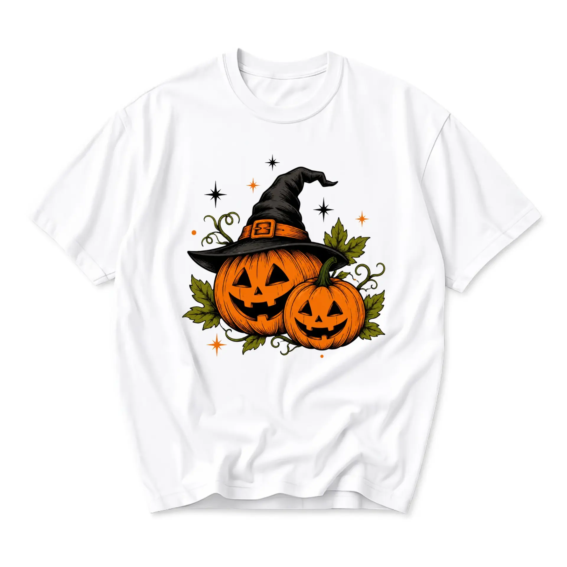 Graphic Tee Unisex Crew Neck T-Shirt Featuring Two Smiling Halloween Pumpkins Wearing a Witch Hat Autumn Seasonal