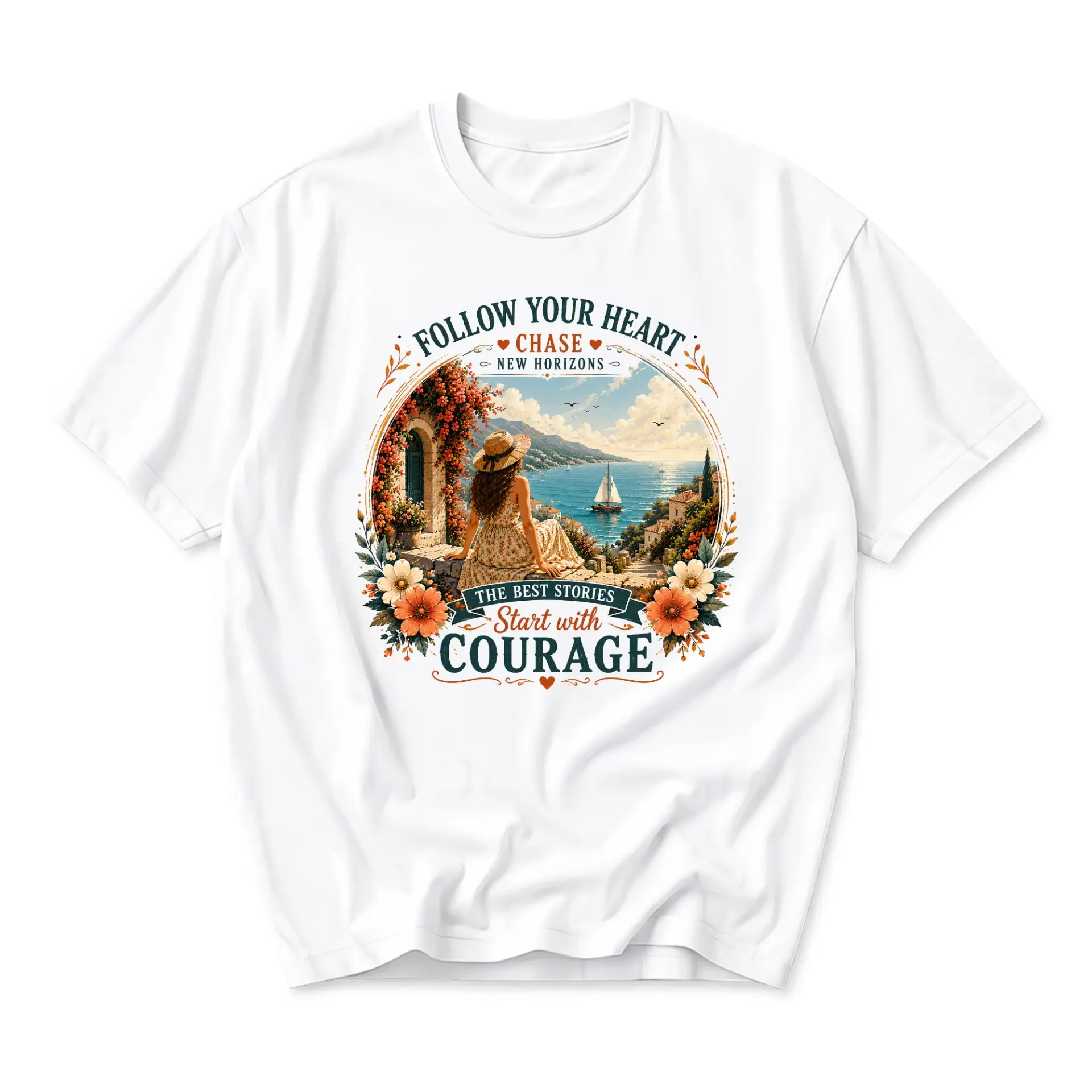 Graphic Tee Follow Your Heart Coastline Scene Inspirational Quote Print Unisex Casual Cotton Crew Neck T-Shirt