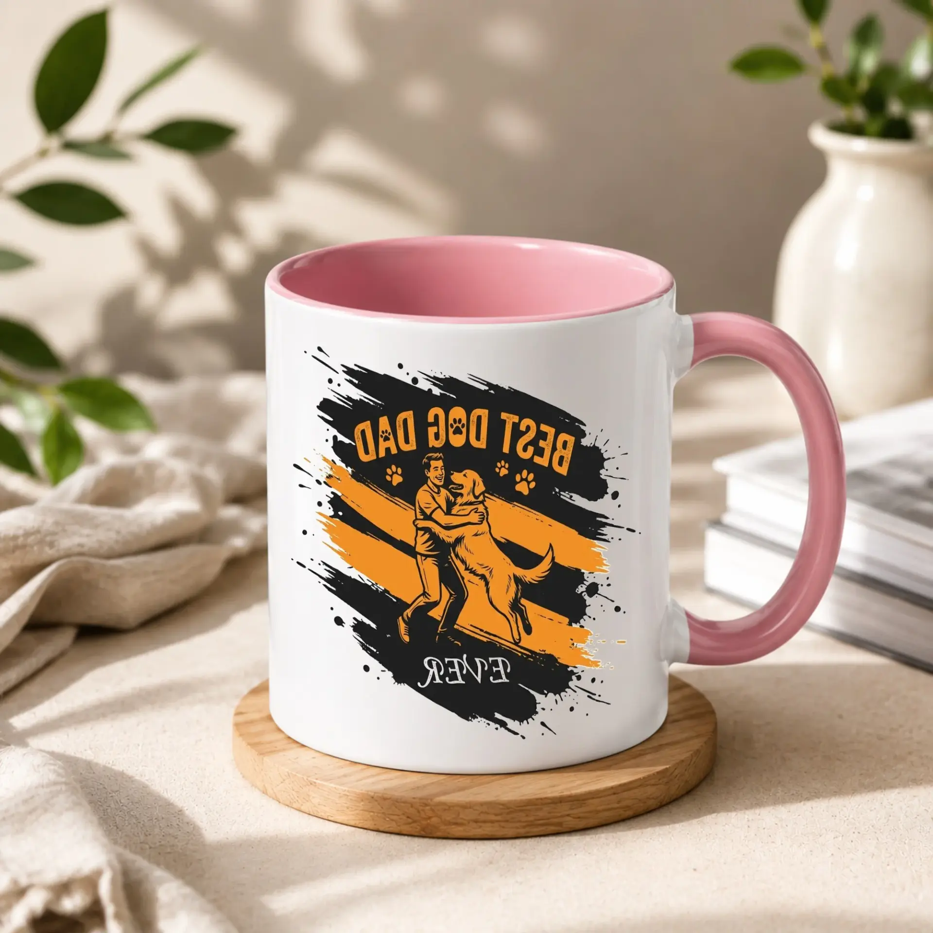 Best Dog Dad Ever Two Ceramic Coffee Mug for Featuring Artistic Illustration of Man Hugging His
