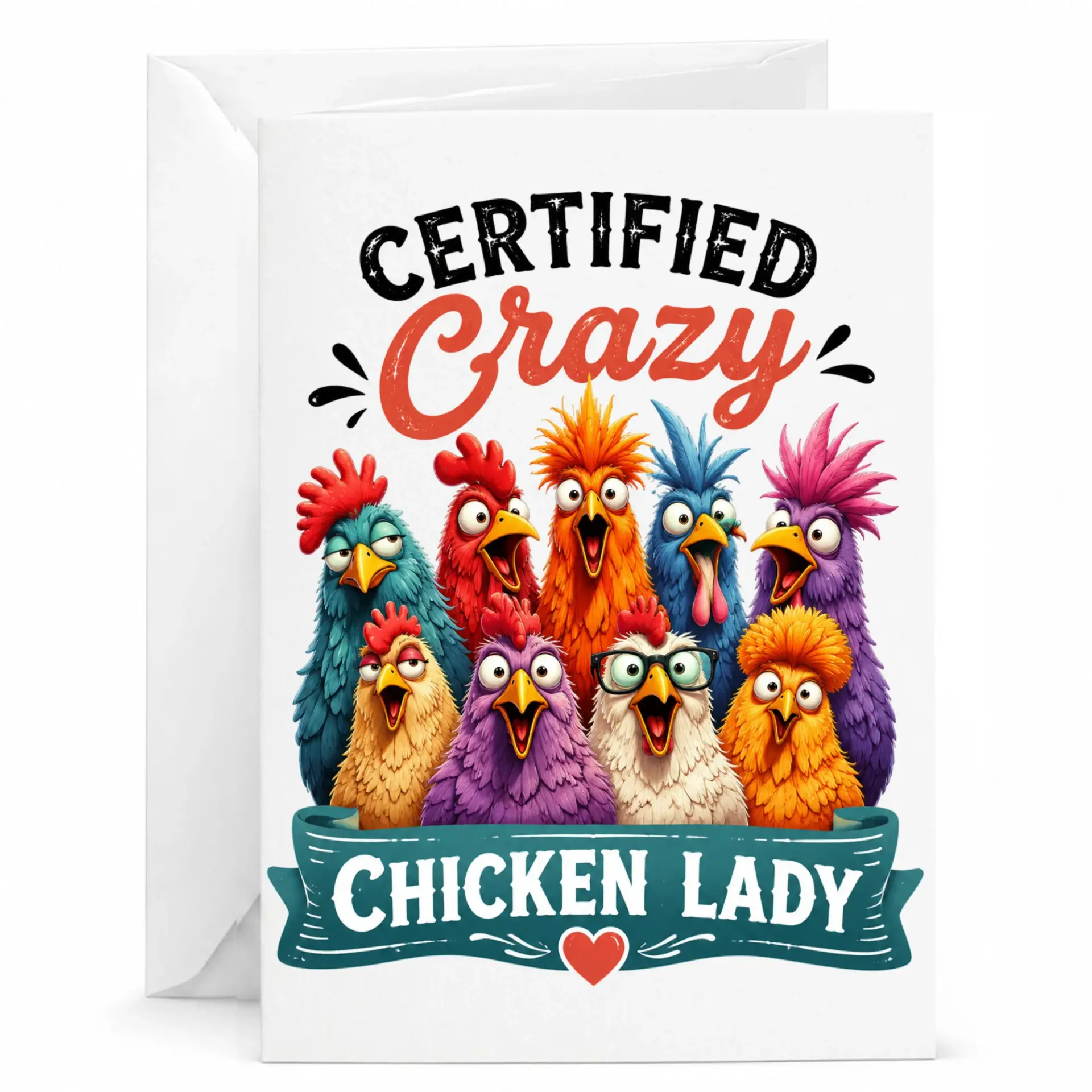 Funny Greeting Card Certified Crazy Chicken Lady Whimsical Poultry Illustration Print for Birthdays and Anniversaries