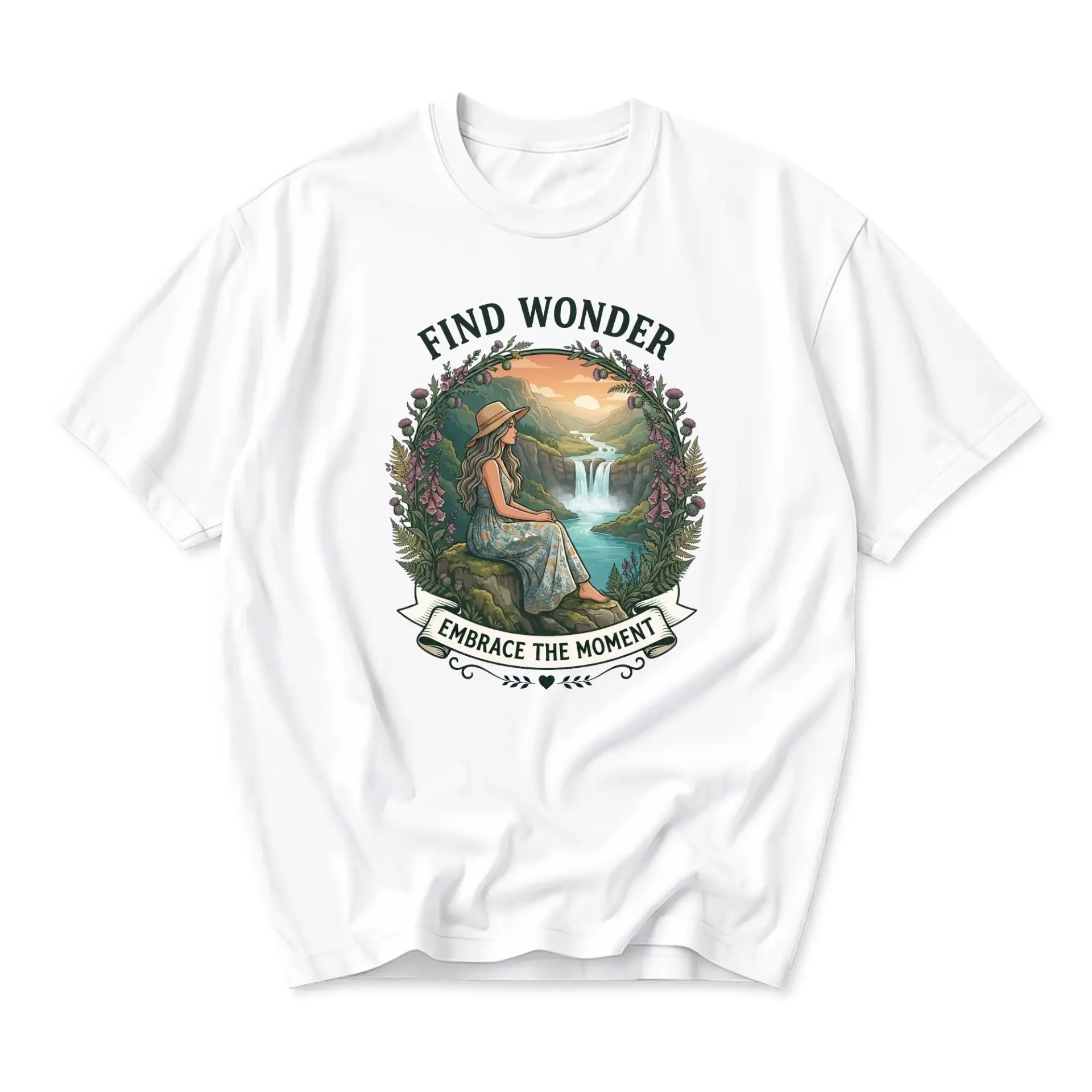 Graphic Tee Find Wonder Embrace the Moment Nature Lover Unisex Crew Neck Short Sleeve Shirt for Casual Everyday Wear