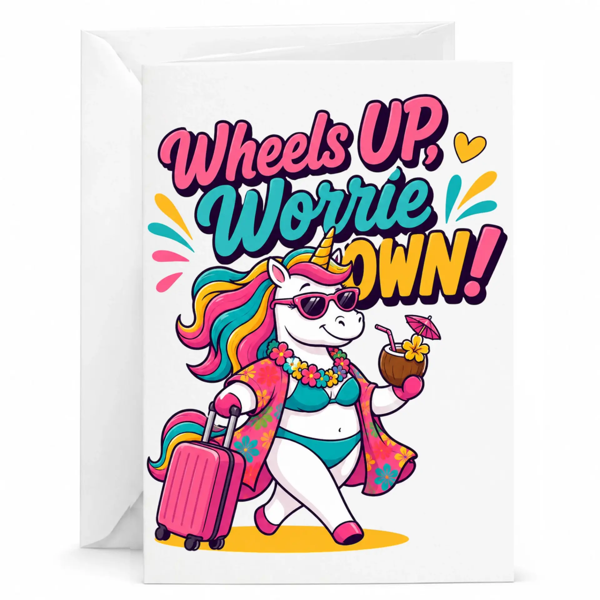 Funny up Worries Down Travel Pun Note with Matching Envelope for Tropical Getaway