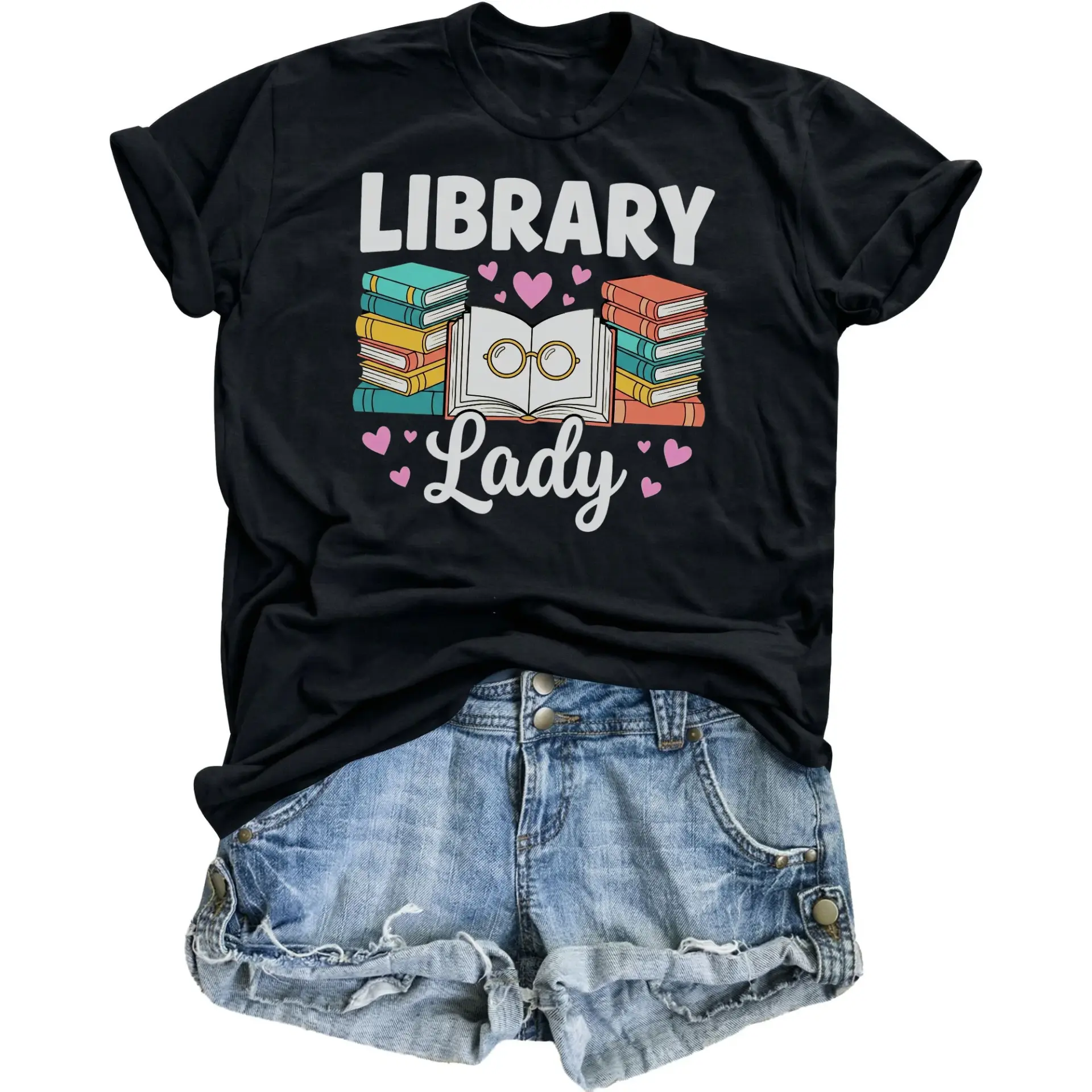Graphic Tee Library Lady Shirt Casual Reading Enthusiast Apparel Unisex Crew Neck Top for Book Lovers and Bibliophiles