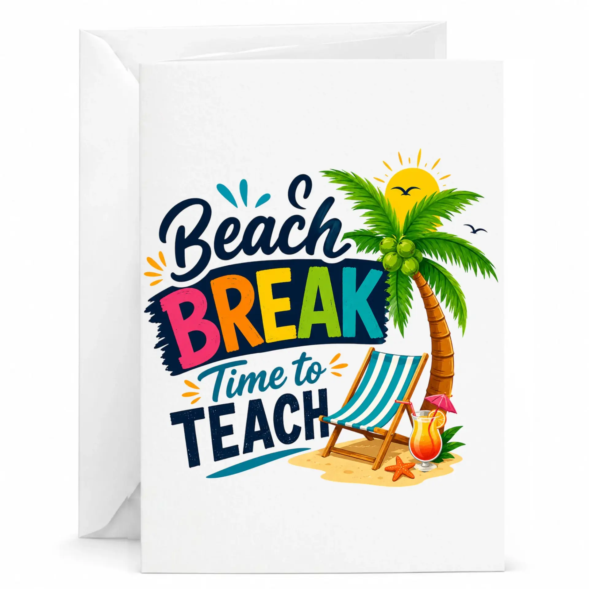 Funny Beach Break Time to Teach Greeting Card for Educators and Teachers Relaxing Summer Vacation Note with Envelope