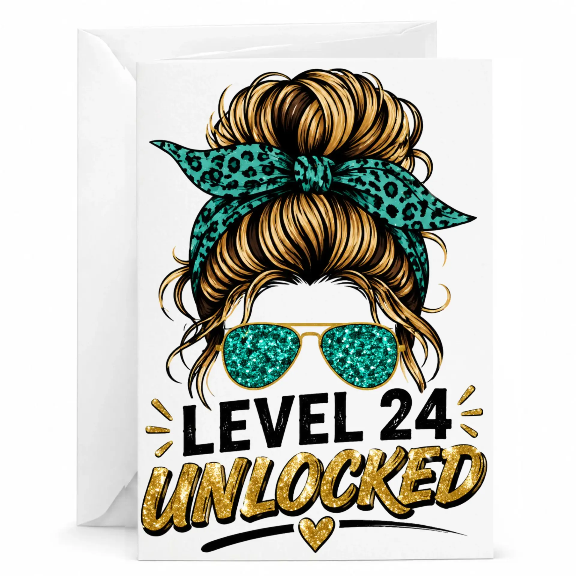 Birthday Card Level 24 Unlocked Funny Messy Bun Sunglasses Graphic 5x7 Greeting Card for Twenty Fourth Milestone