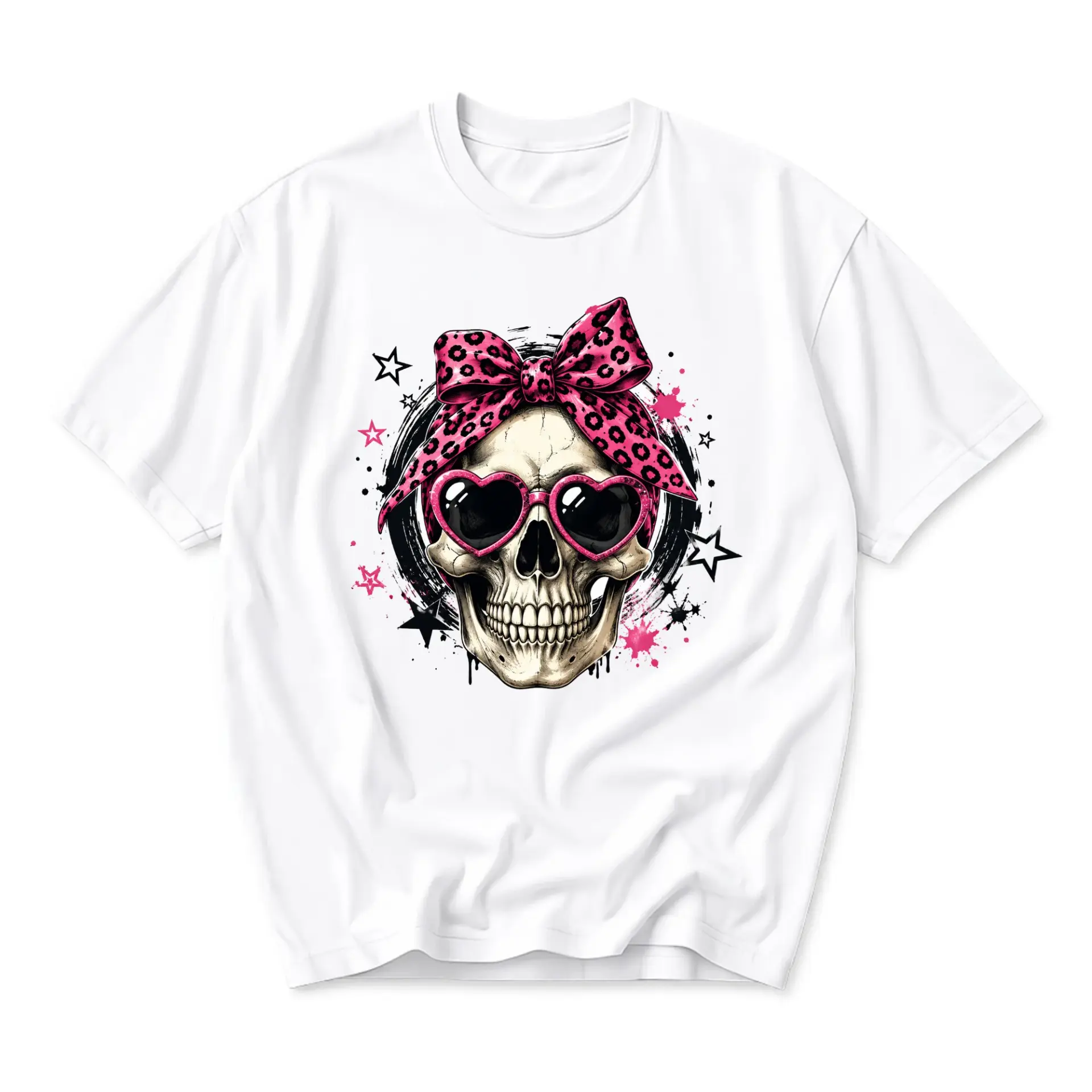 Graphic Tee Skull with Leopard Print Bow and Heart Sunglasses Unisex Casual Short Sleeve Crew Neck Cotton Shirt