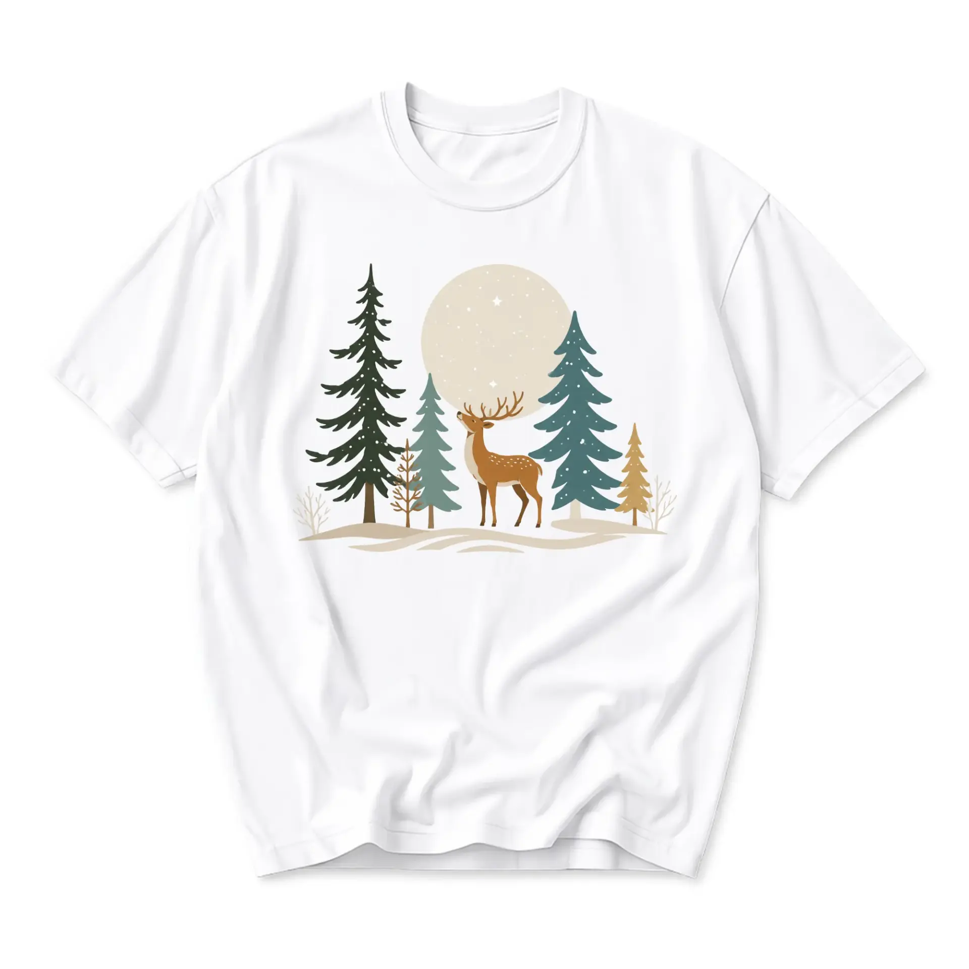 Graphic Tee Unisex Crew Neck Shirt Featuring Artistic Woodland Deer Scene