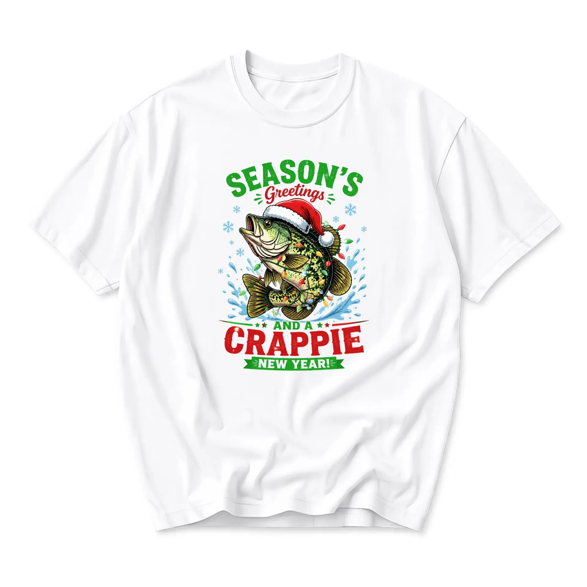 Funny Shirt Season Greetings Crappie New Year Graphic Tee Unisex Crew Neck Casual Cotton Blend Holiday Apparel