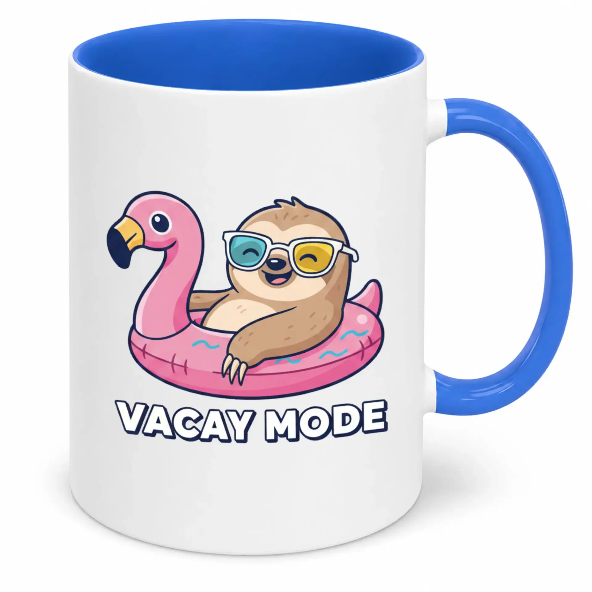 Funny Ceramic Coffee Mug with Sloth on Flamingo Float Design Blue Handle and Interior 11oz or 15oz Vacation Drinkware Gift