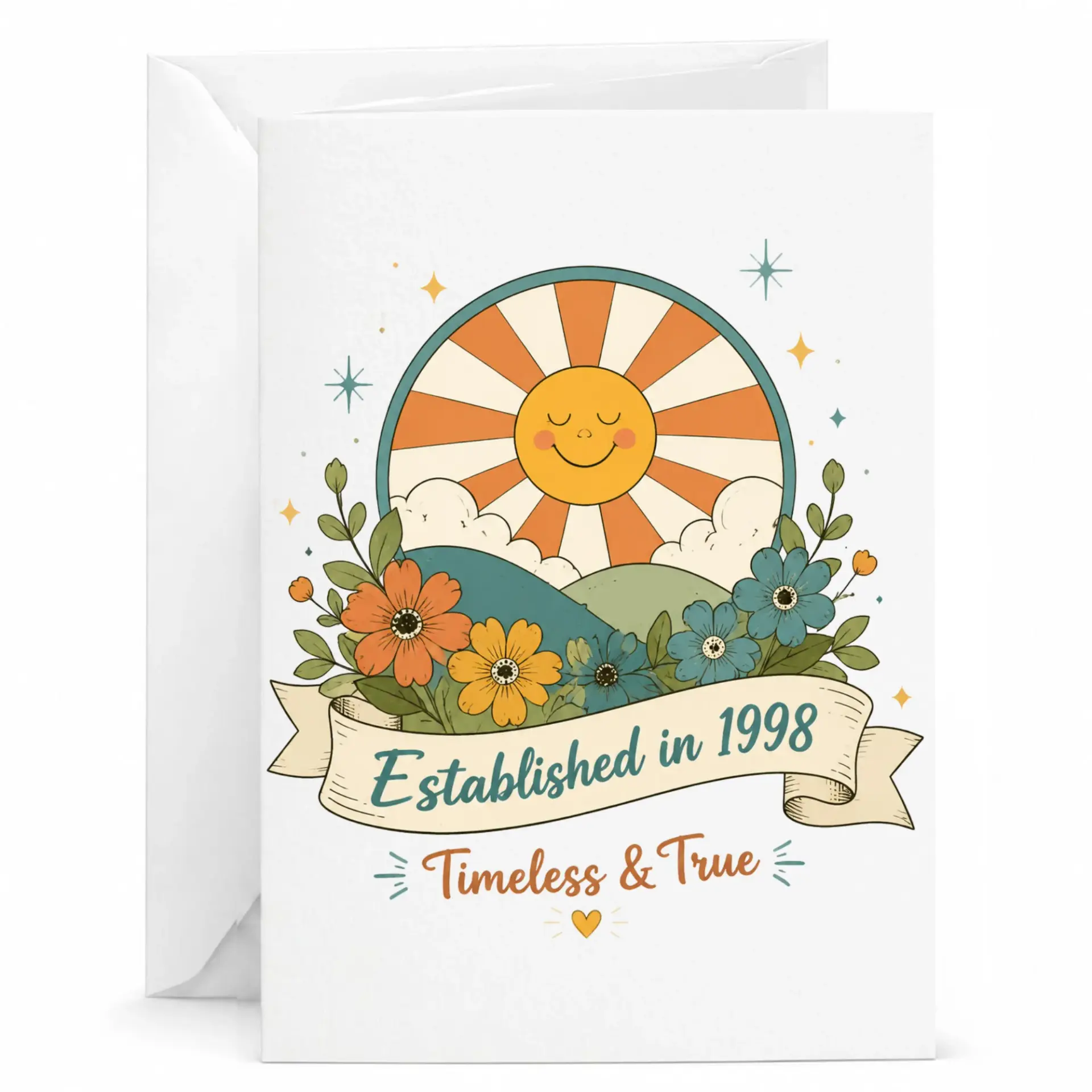 Greeting Card Established in 1998 Timeless and True Vintage Style Sun and Flowers Design Birthday Anniversary Stationary