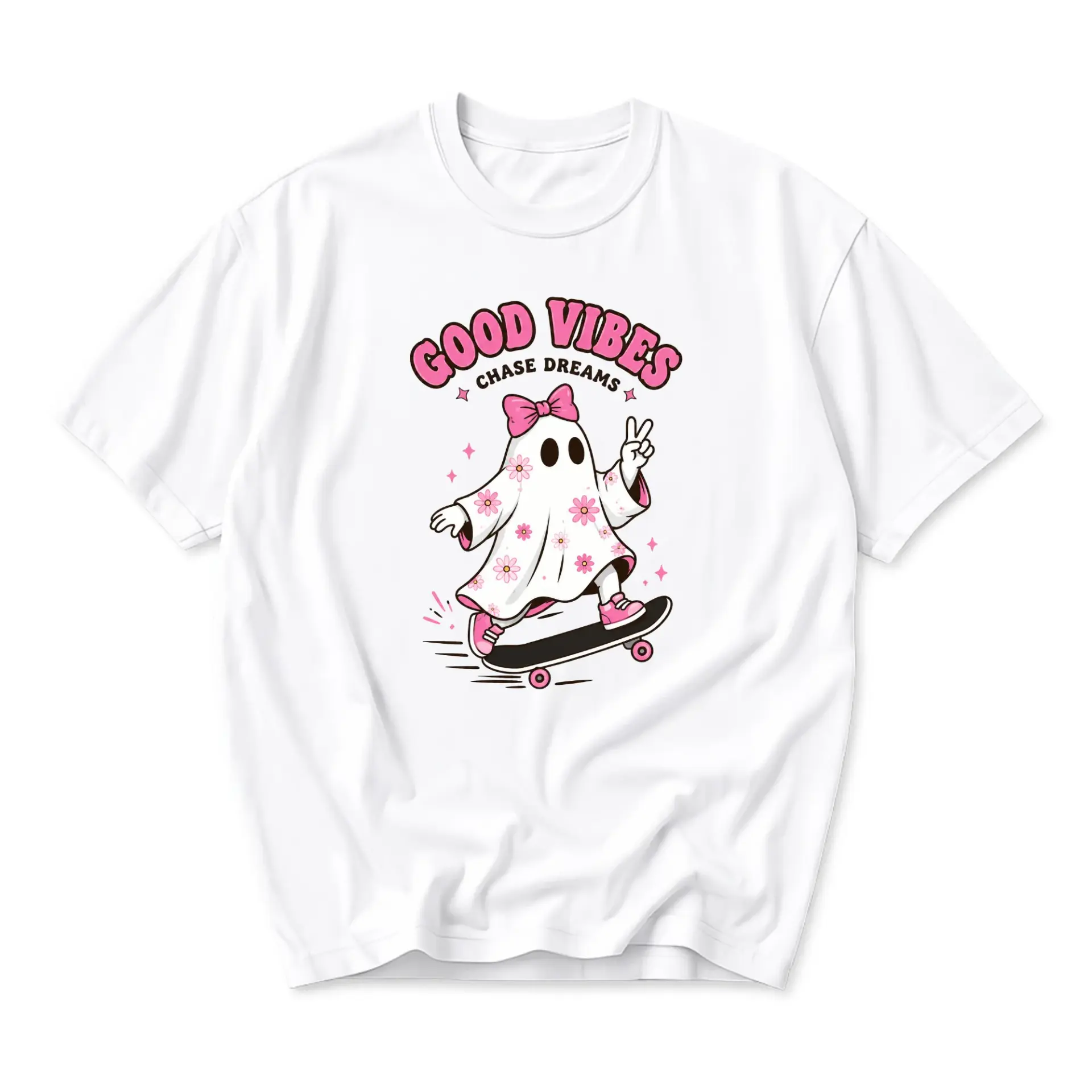 Graphic Tee Good Vibes Chase Dreams Skater Ghost Unisex Casual Cotton Crew Neck Short Sleeve Shirt White Apparel