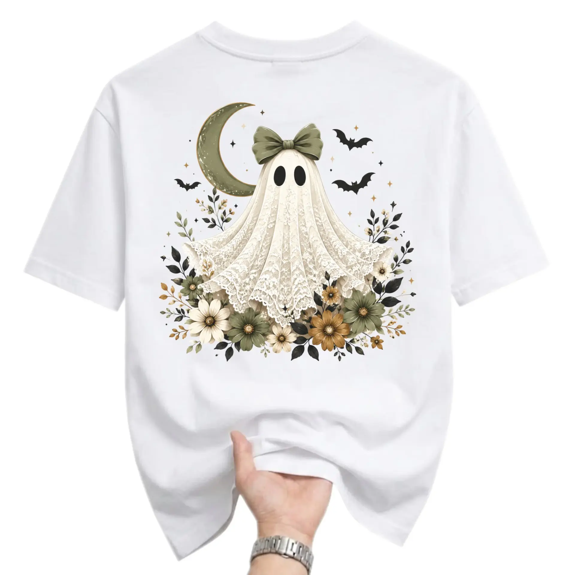 Graphic Tee Unisex Short Sleeve Crew Neck Shirt Featuring Cute Lace Ghost with Bow Moon and Floral Autumn Design
