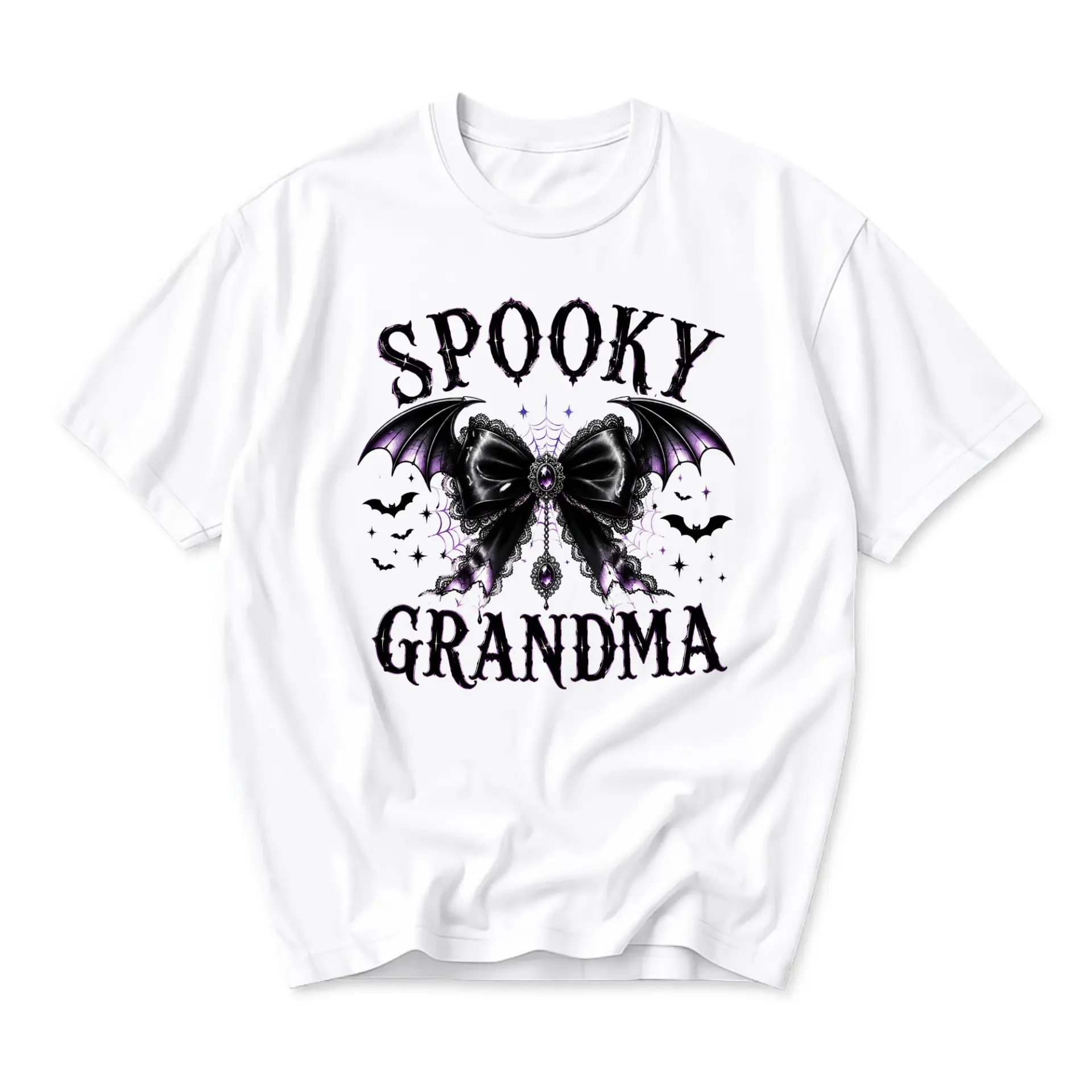 Funny Shirt Spooky Grandma Gothic Bow Bat Wings Graphic Tee Unisex Crew Neck Casual Cotton Blend Apparel White