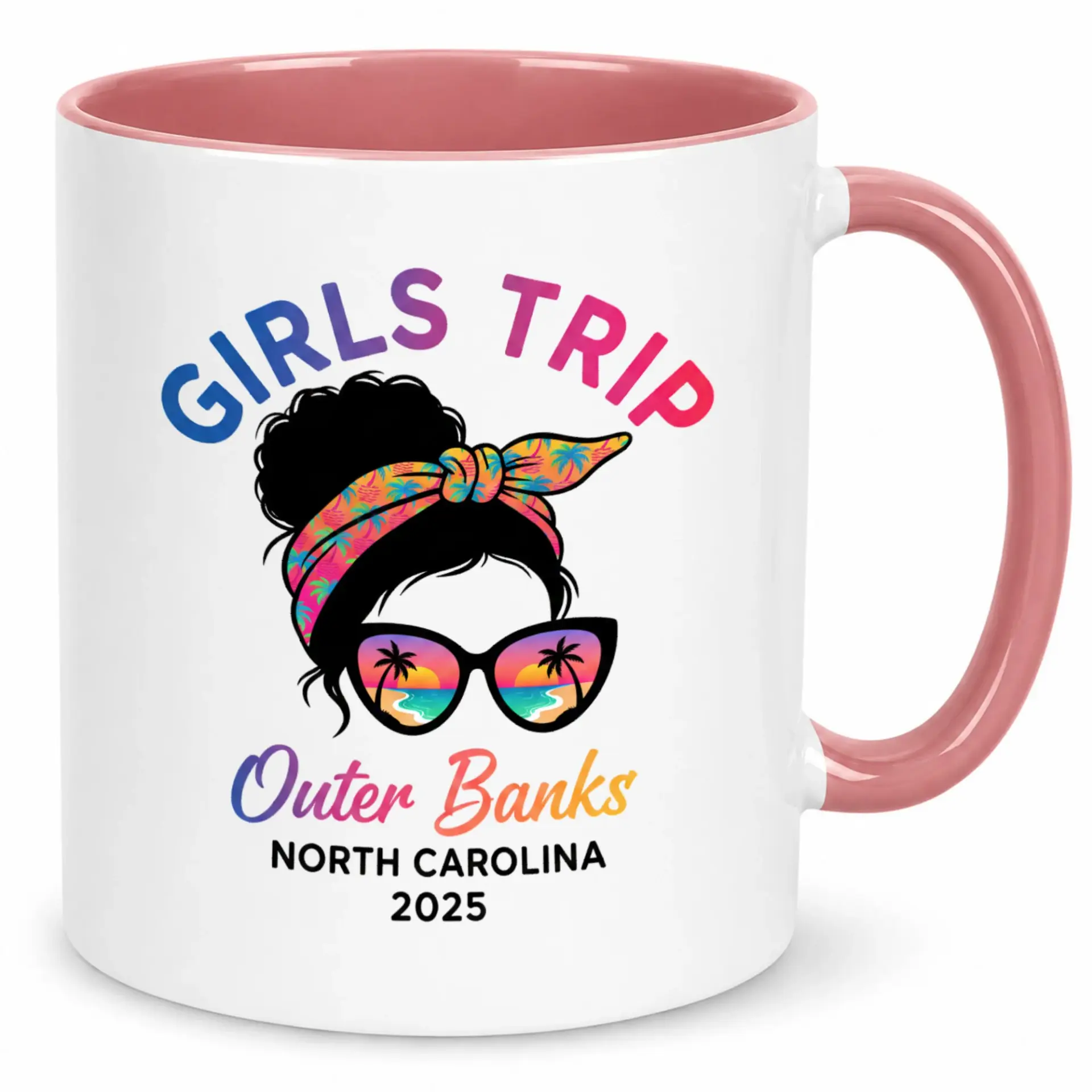 Girls Outer Banks North Carolina 2025 Coffee Mug Messy Bun Sunglasses Beach Travel Theme Women Friends Vacation