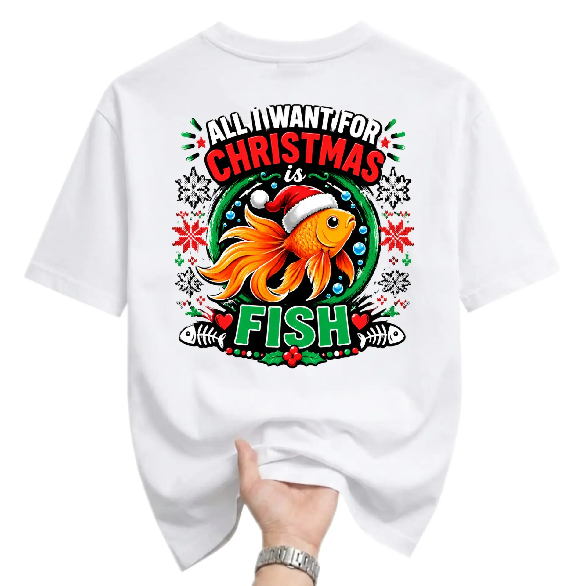 Funny Shirt All I Want for Christmas Is Fish Graphic Tee Unisex Crew Neck
