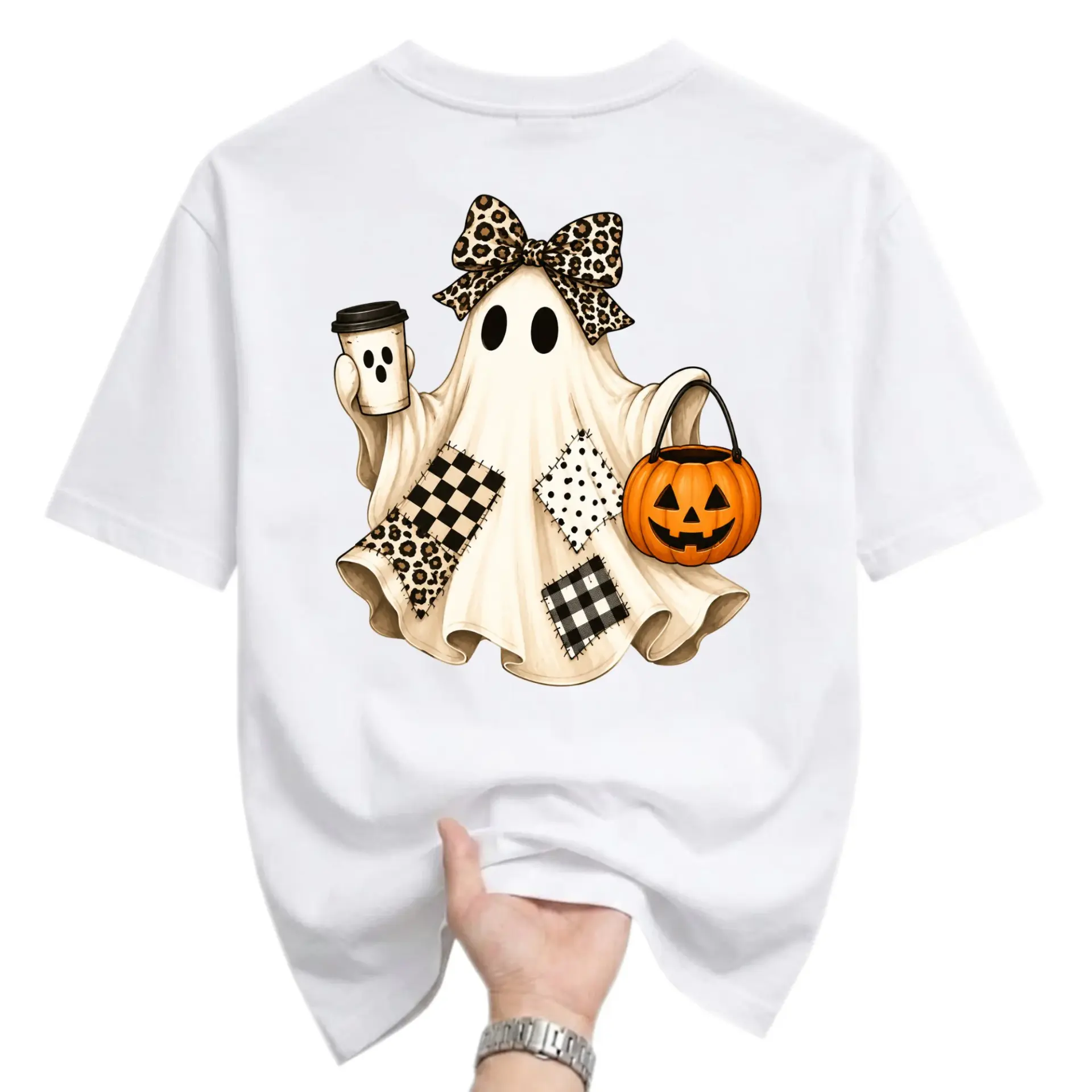 Graphic Tee Ghost Holding Pumpkin and Coffee Cup Spooky Season Unisex Crew Neck Casual Everyday Short Sleeve Shirt