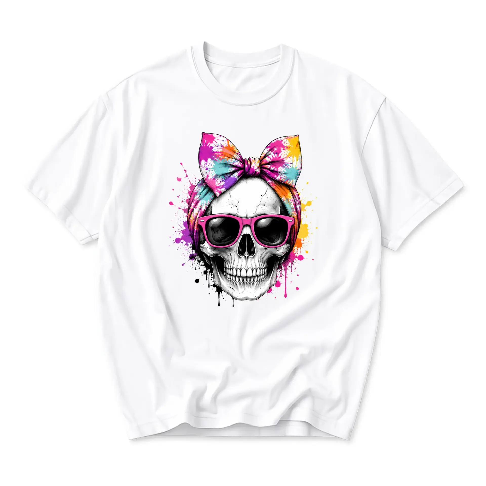 Graphic Tee Skull with Rainbow Tie Dye Bow and Sunglasses Trendy Artistic Design Unisex Cotton Casual Crew Neck Shirt