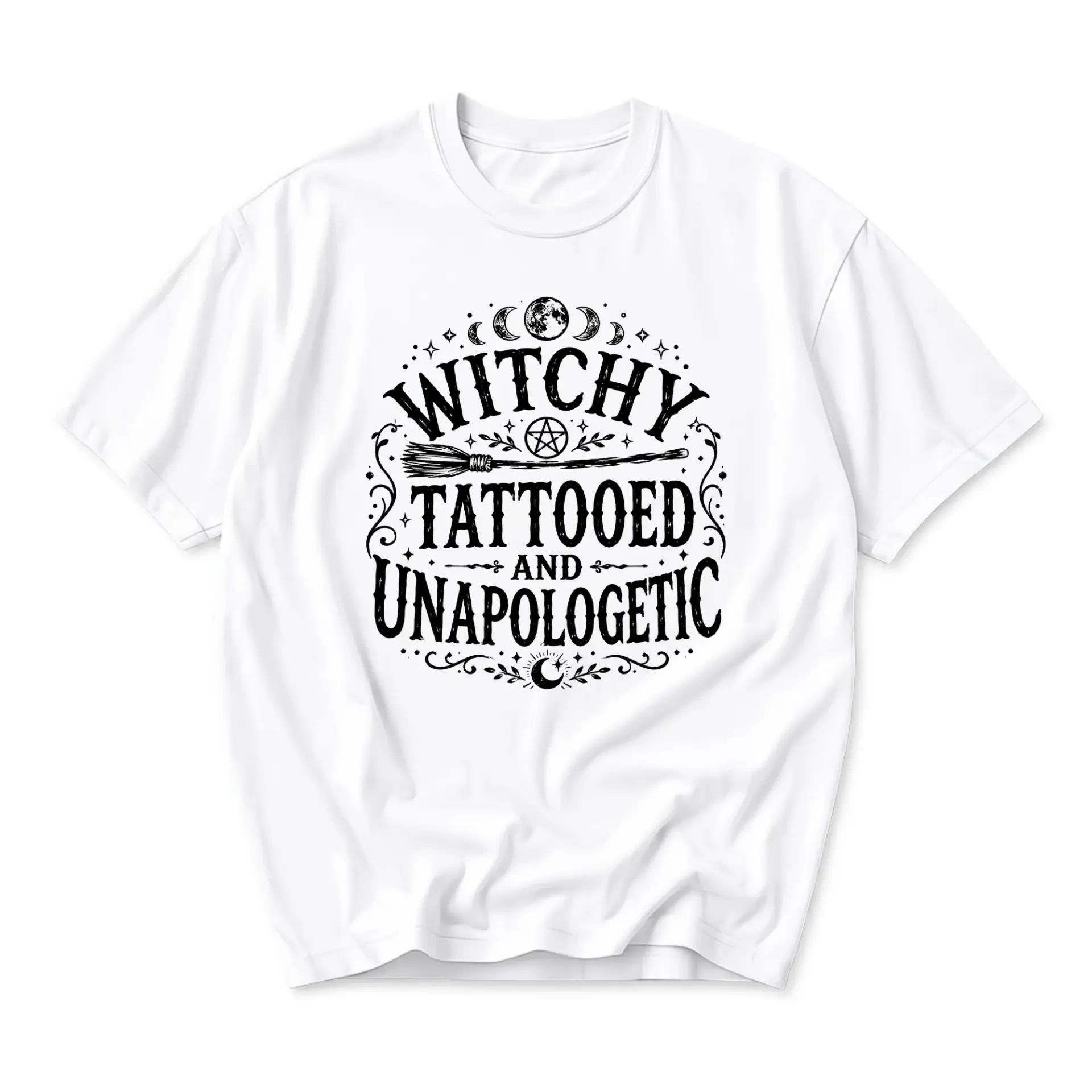 Graphic Tee Witchy Tattooed and Unapologetic Casual Unisex Crew Neck Short Sleeve Shirt for Everyday Style and Comfort