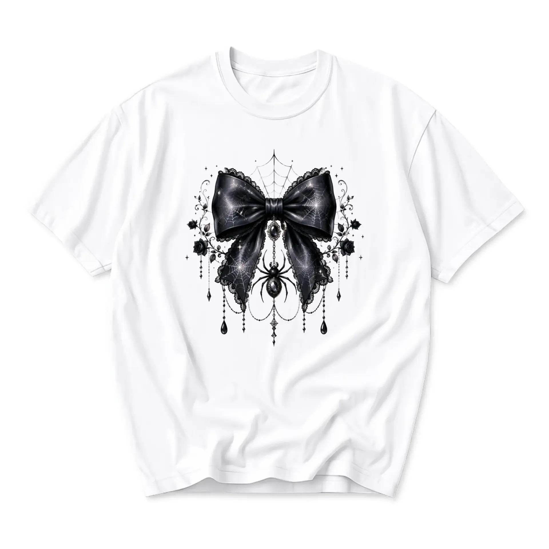 Graphic Tee Gothic Bow and Spider Web Design Unisex Crew Neck Short Sleeve Shirt for Casual Everyday Fashion