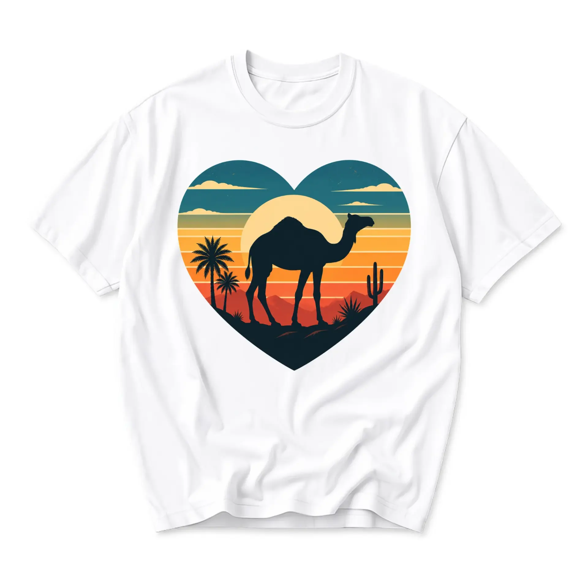 Graphic Tee Desert Camel Heart Sunset Unisex T-Shirt Retro Style Apparel for Casual Everyday Outfits and Travel Lovers