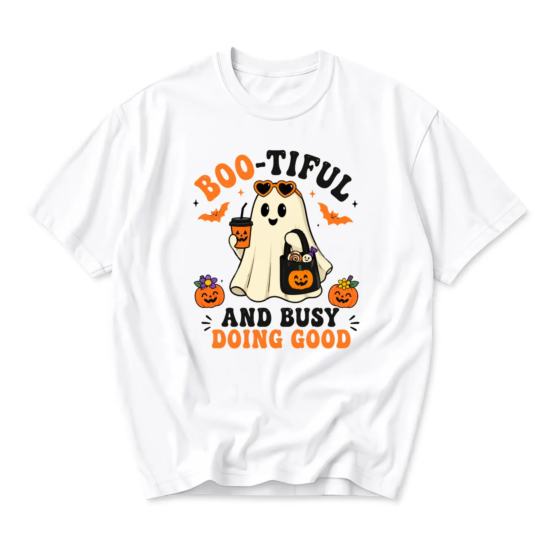 Funny Shirt Boo-Tiful and Busy Doing Good Graphic Tee Cute Ghost Illustration Halloween Inspired Unisex Casual Top
