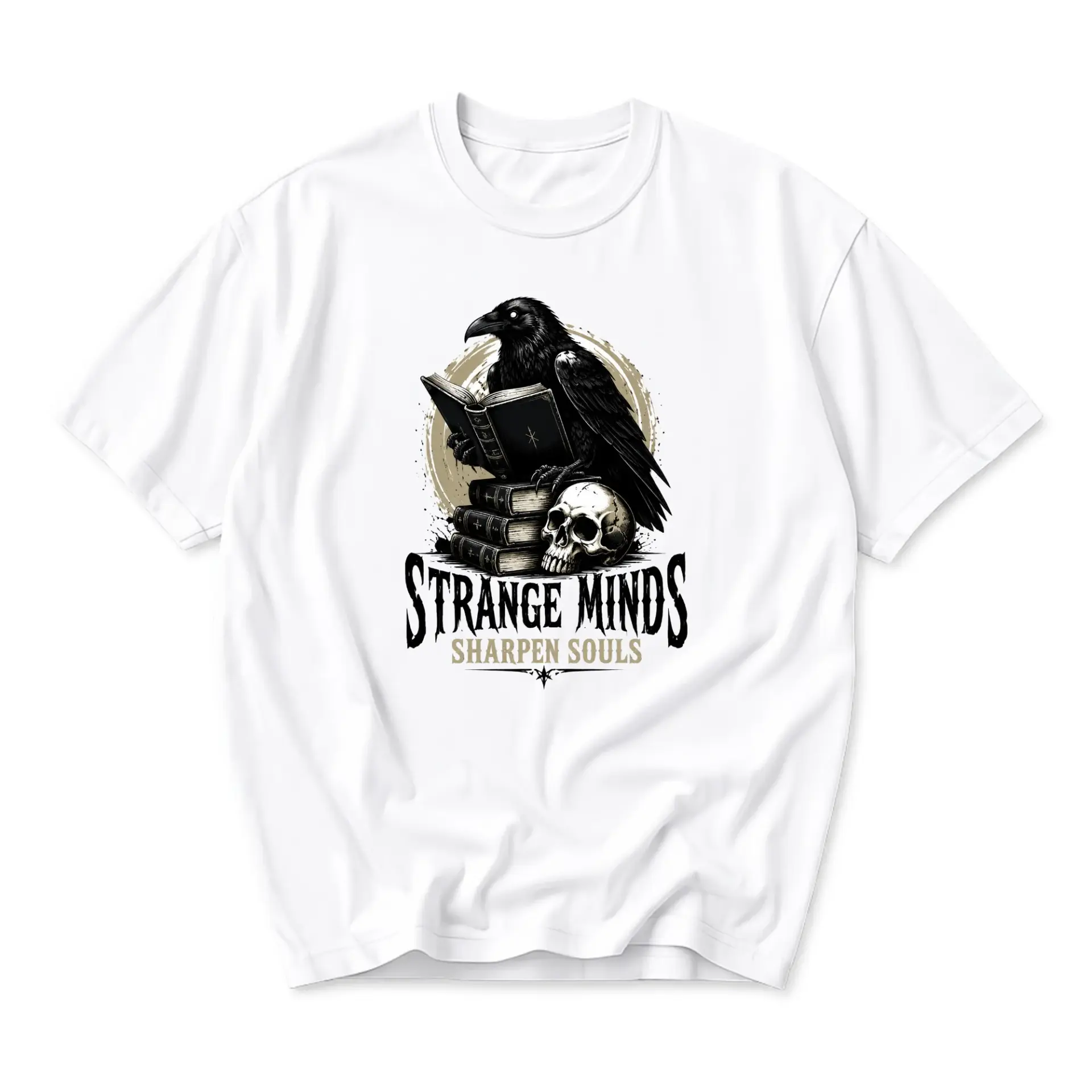 Graphic Tee Strange Minds Sharpen Souls Raven Skull Book Art Unisex Short Sleeve Casual Everyday Crew Neck Cotton Shirt