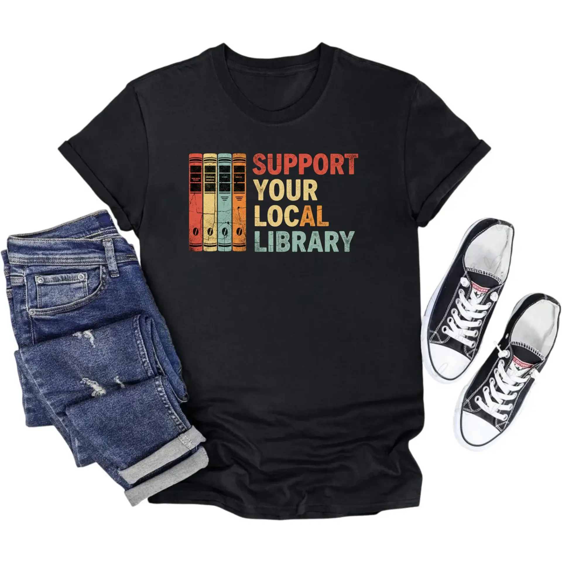 T-shirt Support Your Library Graphic Tee Vintage Book Lover Unisex Apparel for Casual Everyday Wear and Outfits