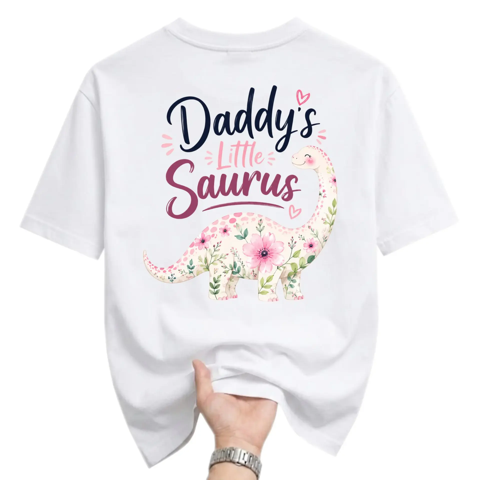 T-shirt Daddy's Little Saurus Graphic Tee Floral Dinosaur Print Casual Crew Neck Cotton Blend Unisex Apparel White