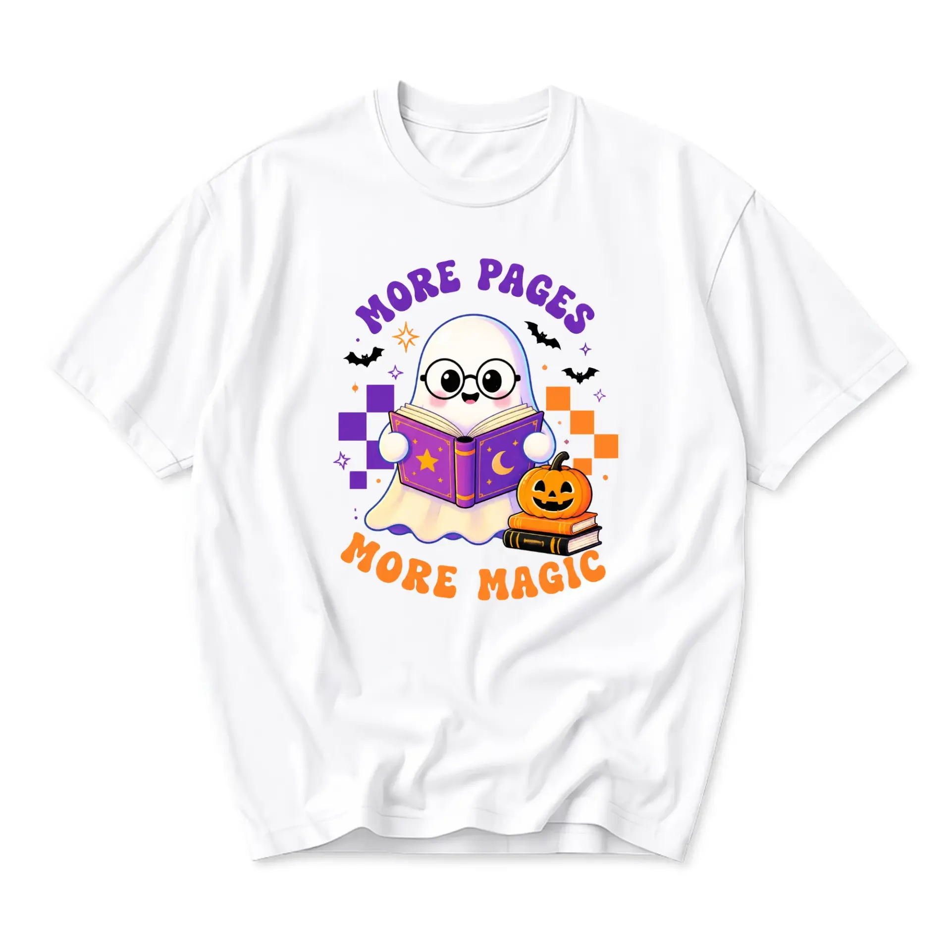 Graphic Tee More Pages More Magic Ghost Reading Book T-Shirt Casual Unisex Apparel for Halloween Enthusiasts