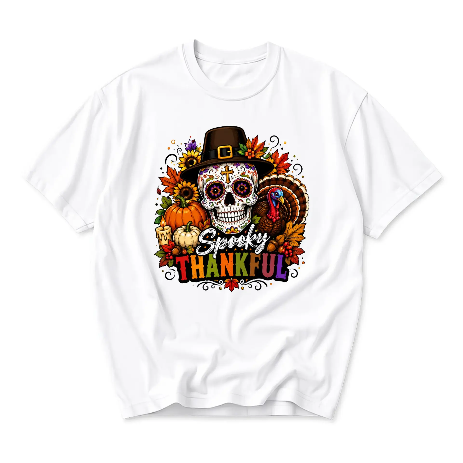 Graphic Tee Spooky Thankful Sugar Skull Thanksgiving Unisex T-Shirt Fall Season Autumn Holiday Crew Neck Casual Apparel