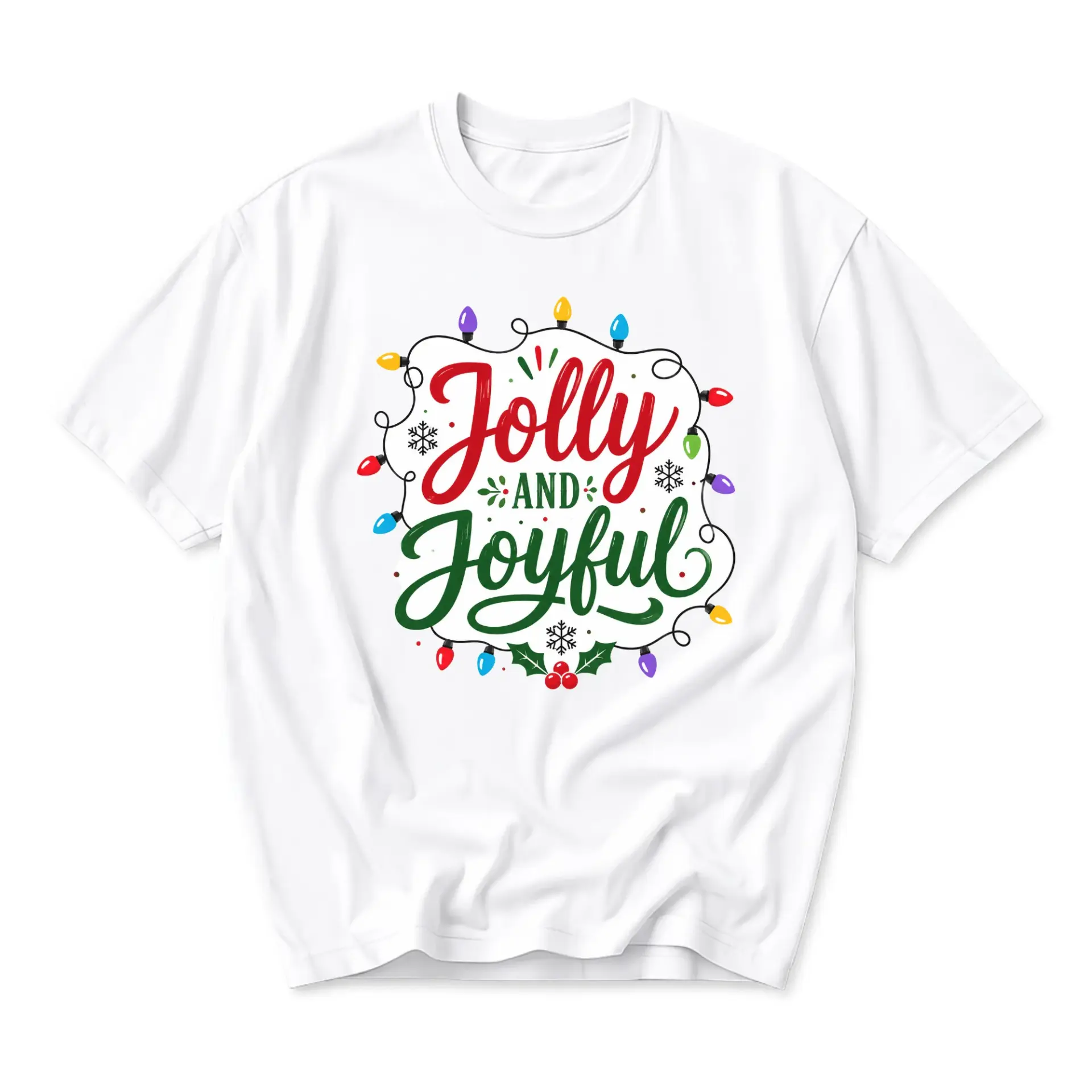 Graphic Tee Jolly and Joyful Holiday Lights Unisex Crew Neck Shirt Festive Seasonal Apparel for Casual Wear Everyday