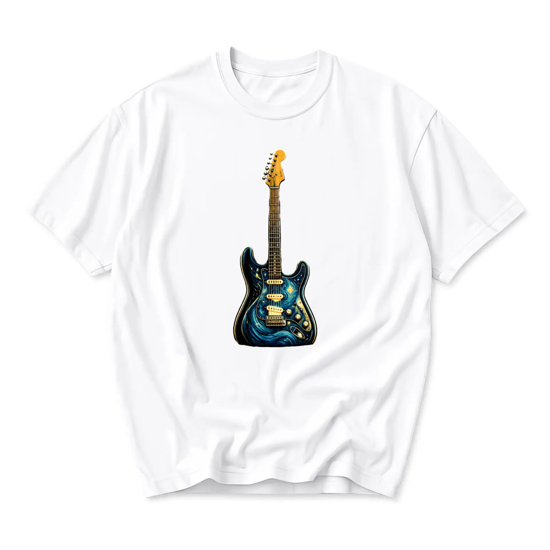 Graphic Tee Unisex Crew Neck T-Shirt Featuring an Artistic Guitar Design with Swirling Night Sky Pattern