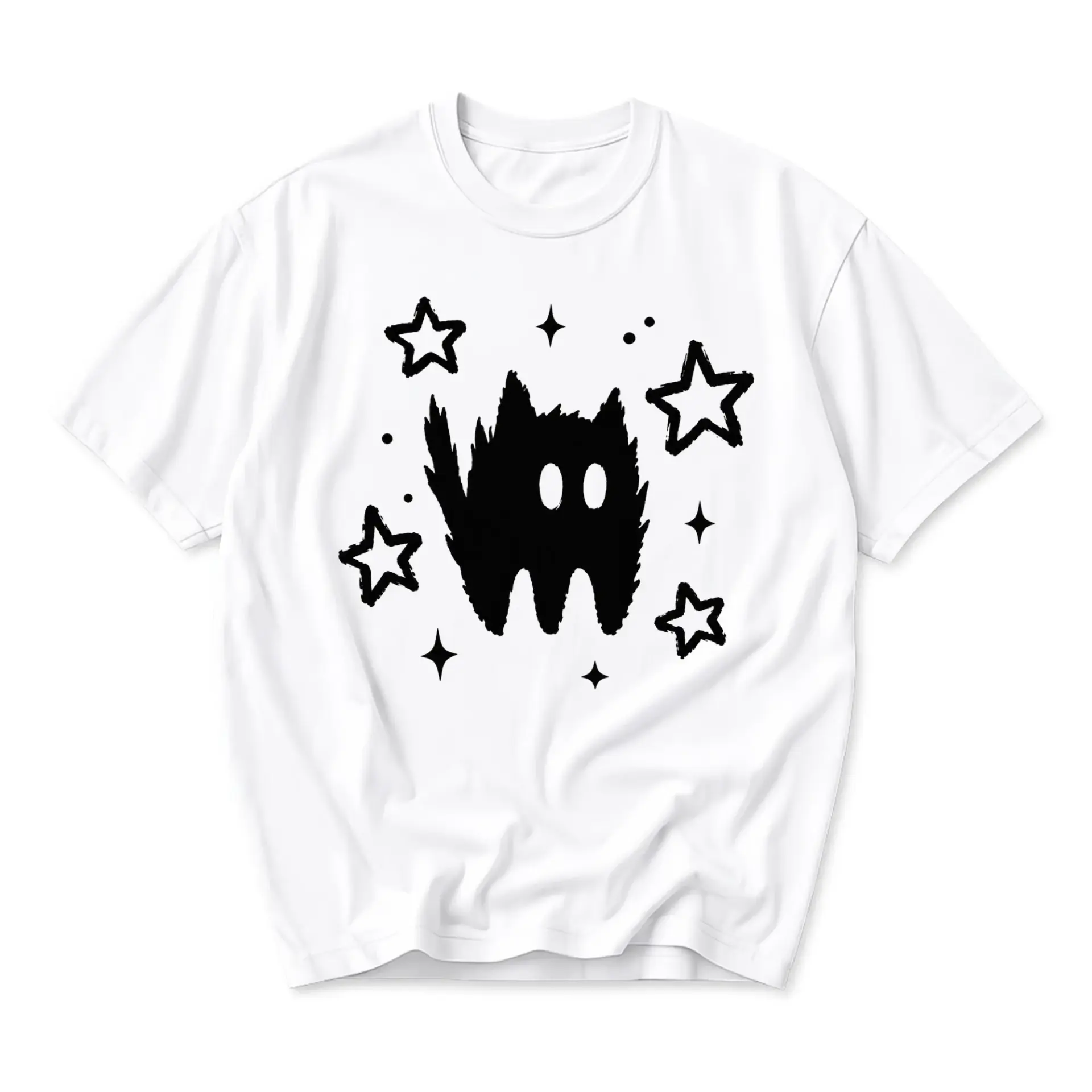 Graphic Tee Unisex Crew Neck T-Shirt Featuring Spooky Cat Silhouette with Star Doodles Artistic Casual Apparel