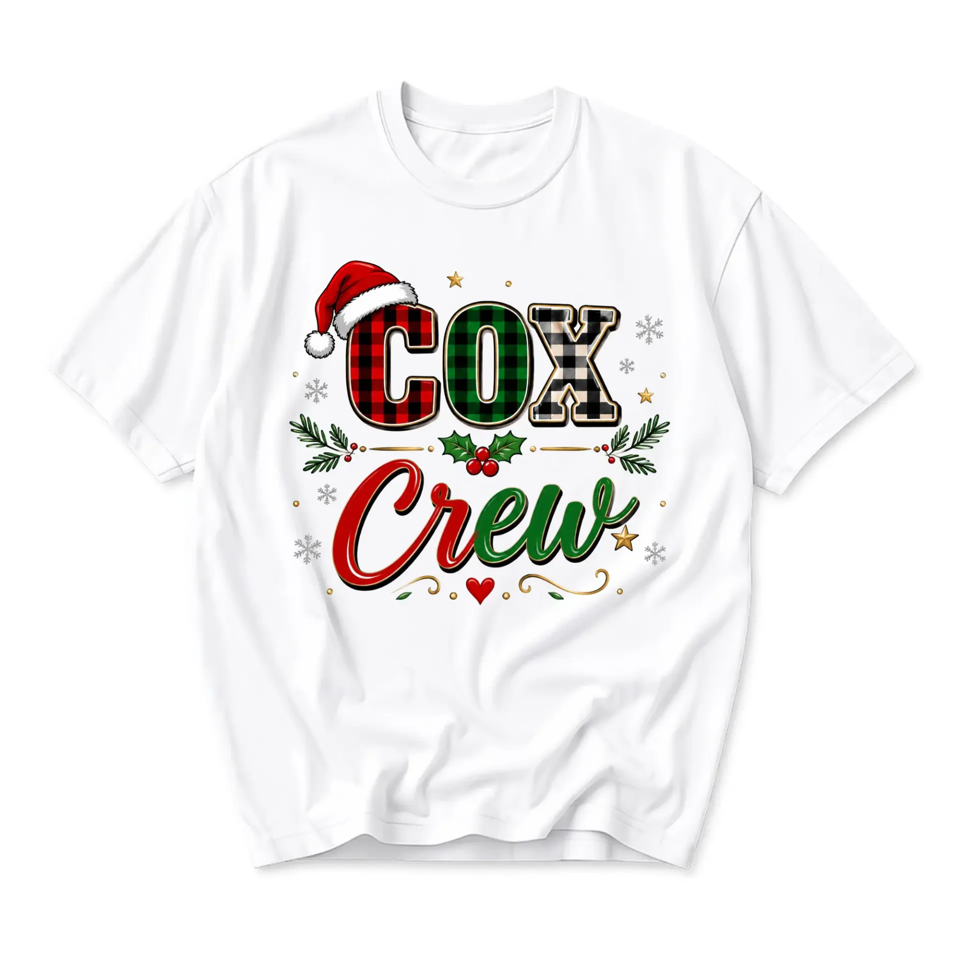Graphic Tee Cox Crew Christmas Shirt Holiday Plaid Santa Hat Unisex Crew Neck Casual Cotton Blend Apparel