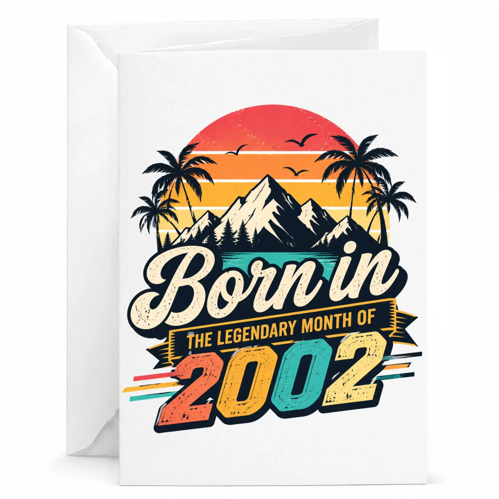 Birthday Card Born in the Legendary Month of 2002 Vintage Sunset Mountain Palm Tree Illustration Greeting Card