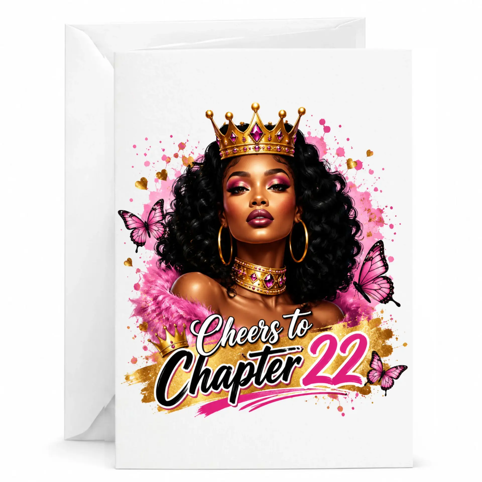 Birthday Card Cheers to Chapter 22 Elegant African American Queen Illustration with Crown and Butterflies Design