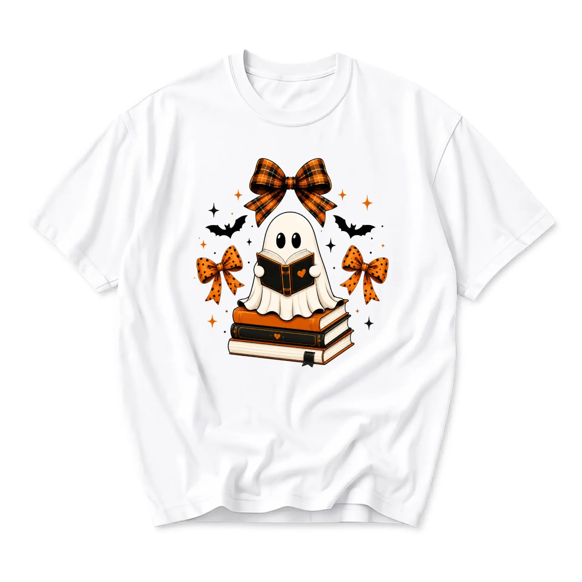 Graphic Tee Ghost Reading Books Halloween Illustration Unisex Crew Neck Soft Cotton Casual Fall Seasonal Shirt