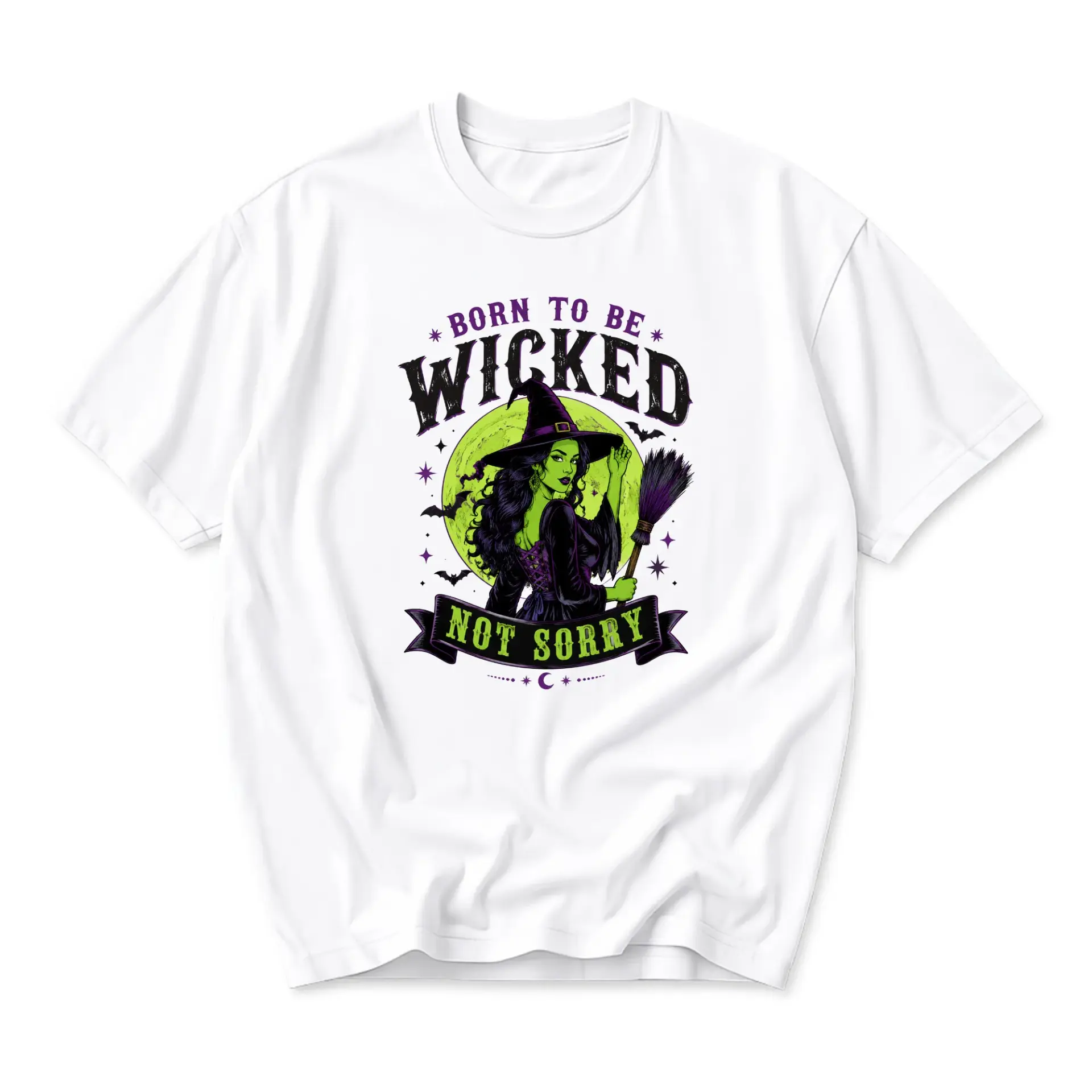 Funny Shirt Born to Be Wicked Not Sorry Witch Graphic Tee Unisex Crew Neck Casual Cotton Blend Apparel White